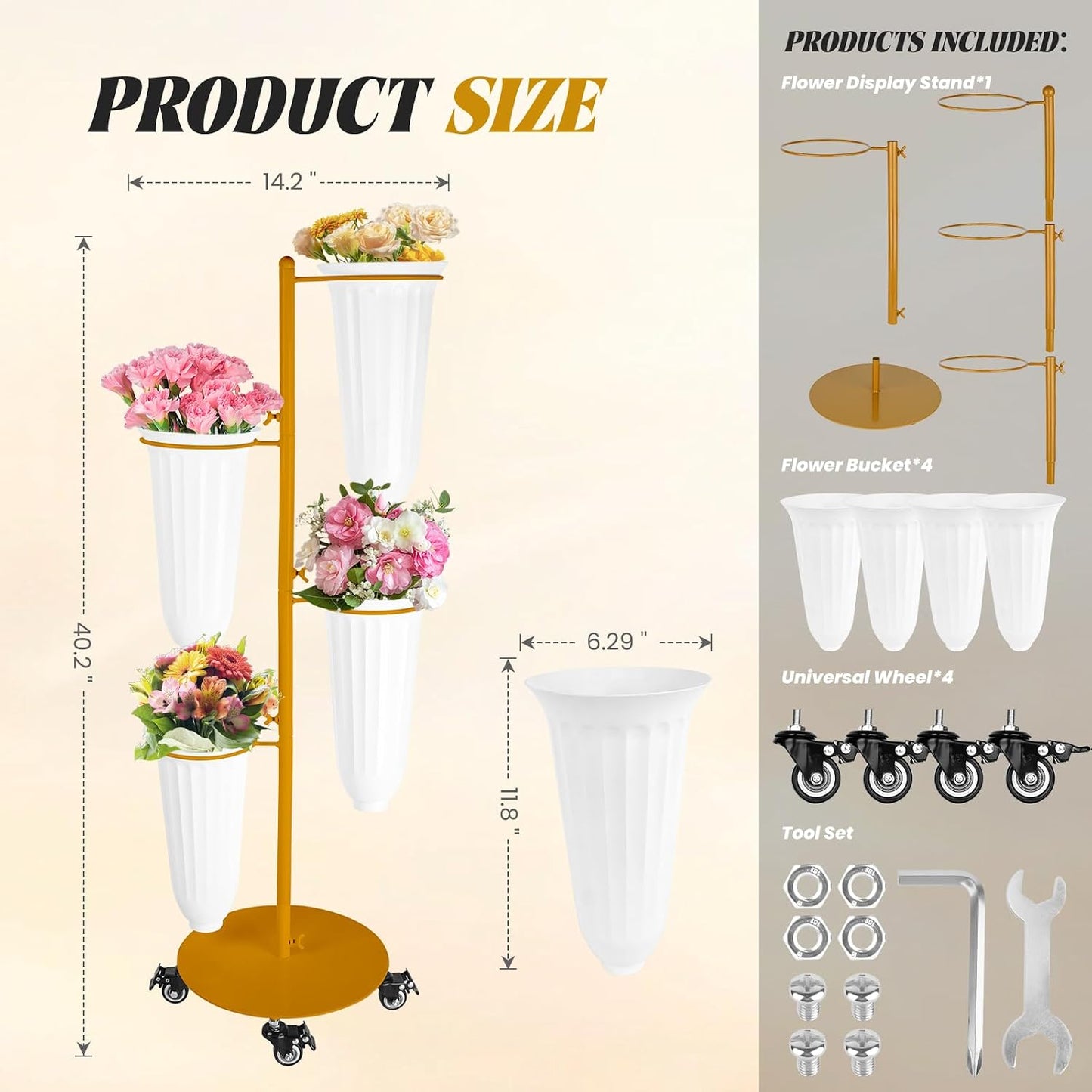 Soporte barra flores metal 4 cubos ruedas bodas eventos dorado