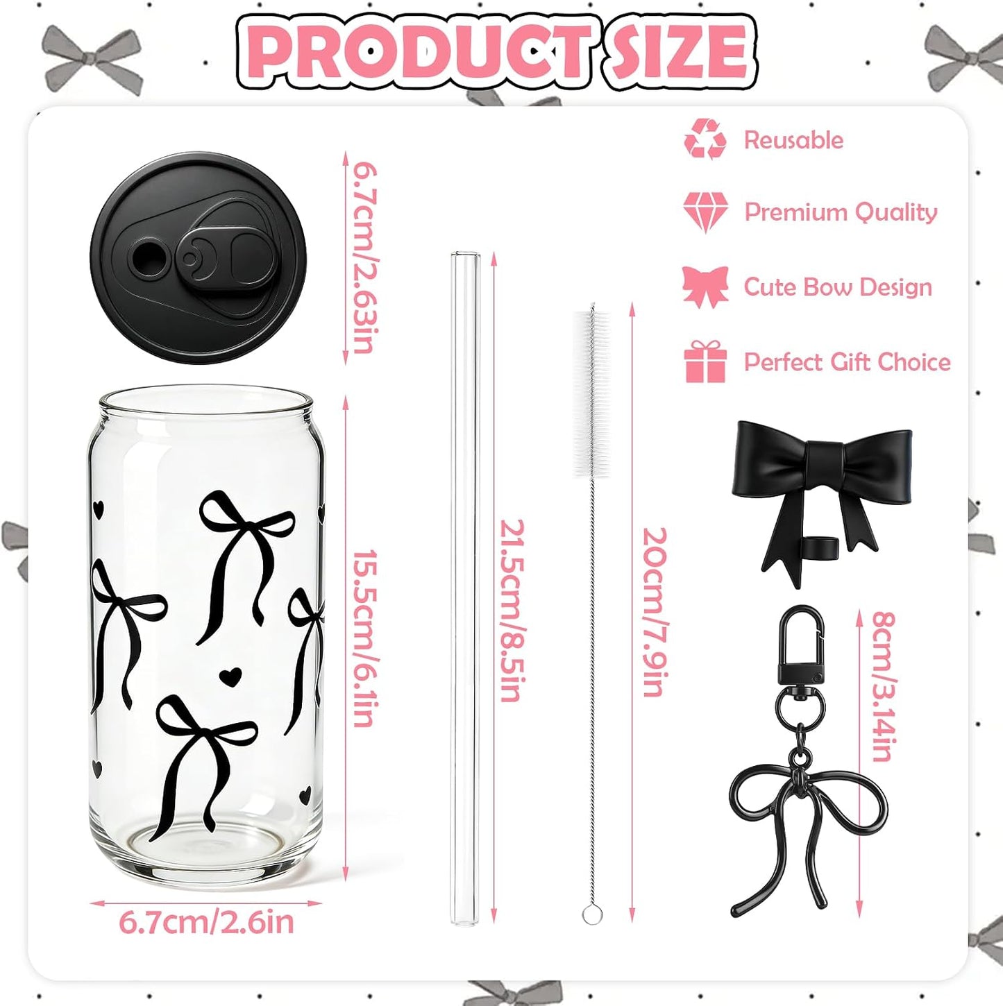 Taza cristal lazo negro 18oz con cubierta popote llavero