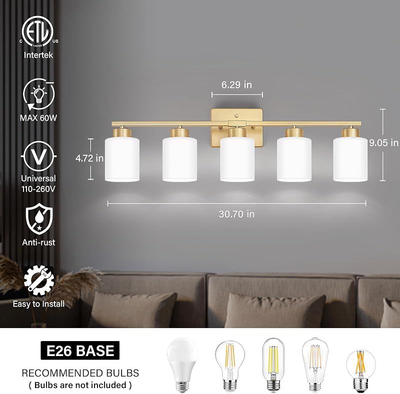 Lámpara baño 5 luces sobre espejo vidrio blanco lechoso