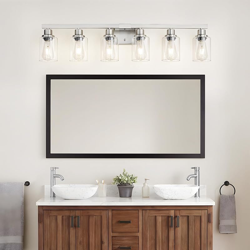 Lámpara baño 6 luces níquel mate vidrio transparente
