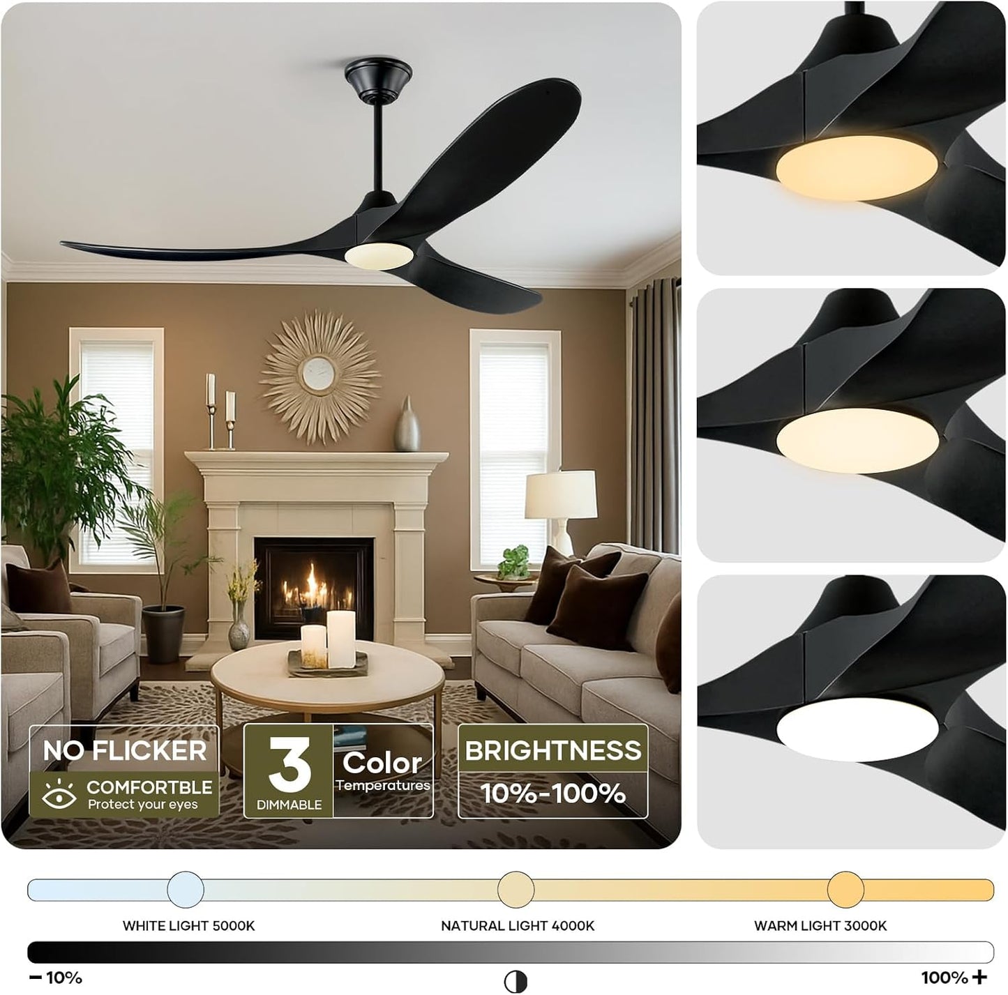 Ventilador techo 70pulg luz madera control Alexa negro