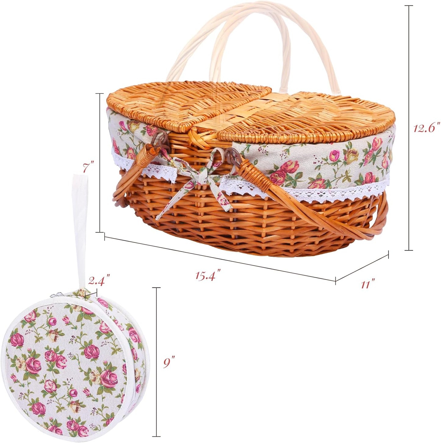 Cesta picnic mimbre 15pulg tapa forro extraible