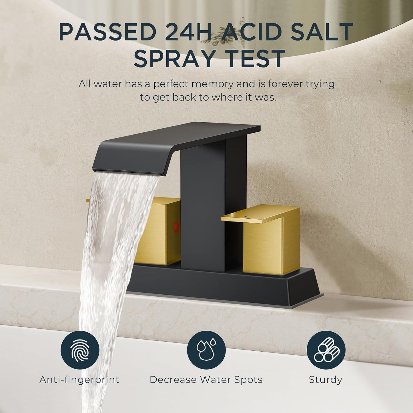 Grifo baño cuadrado 2 asas 4pulg negro mate y dorado