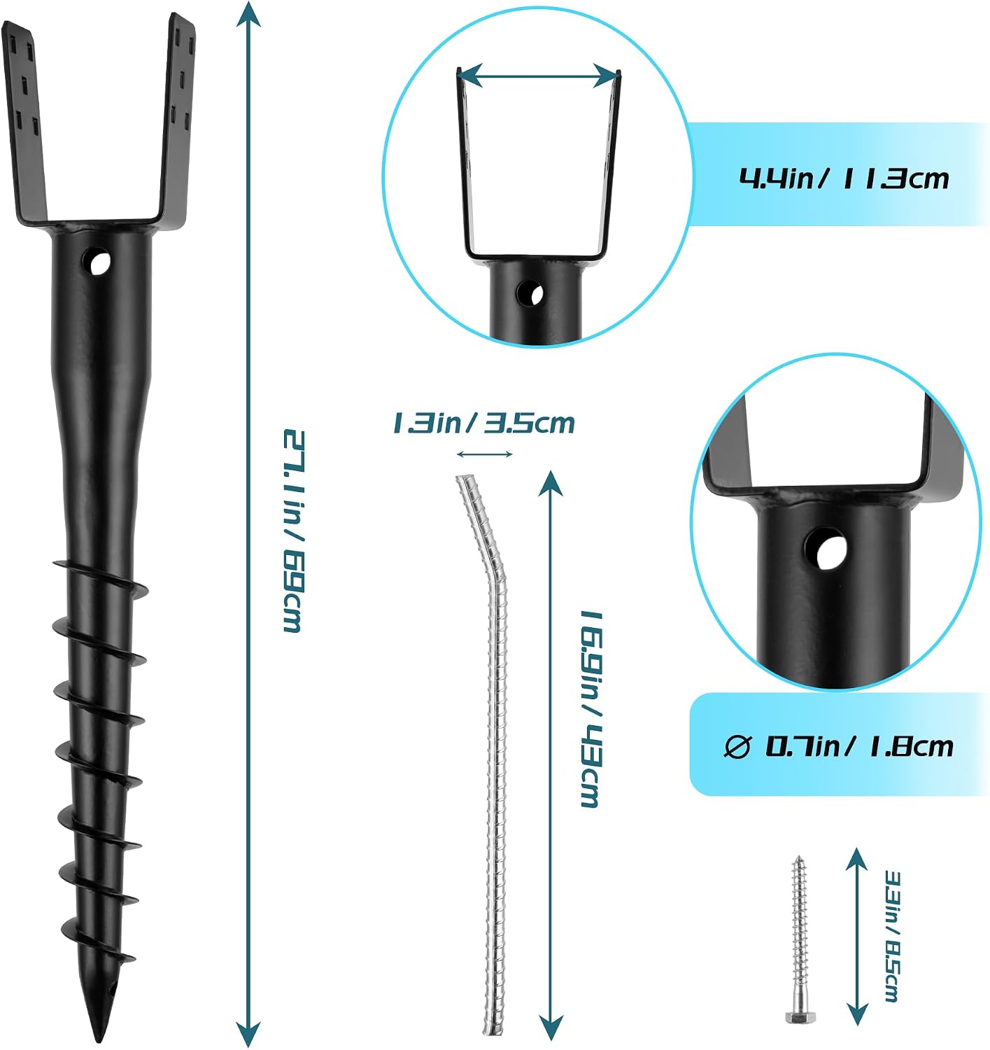 Anclaje U negra para poste madera 4x4 con barra 27pulg