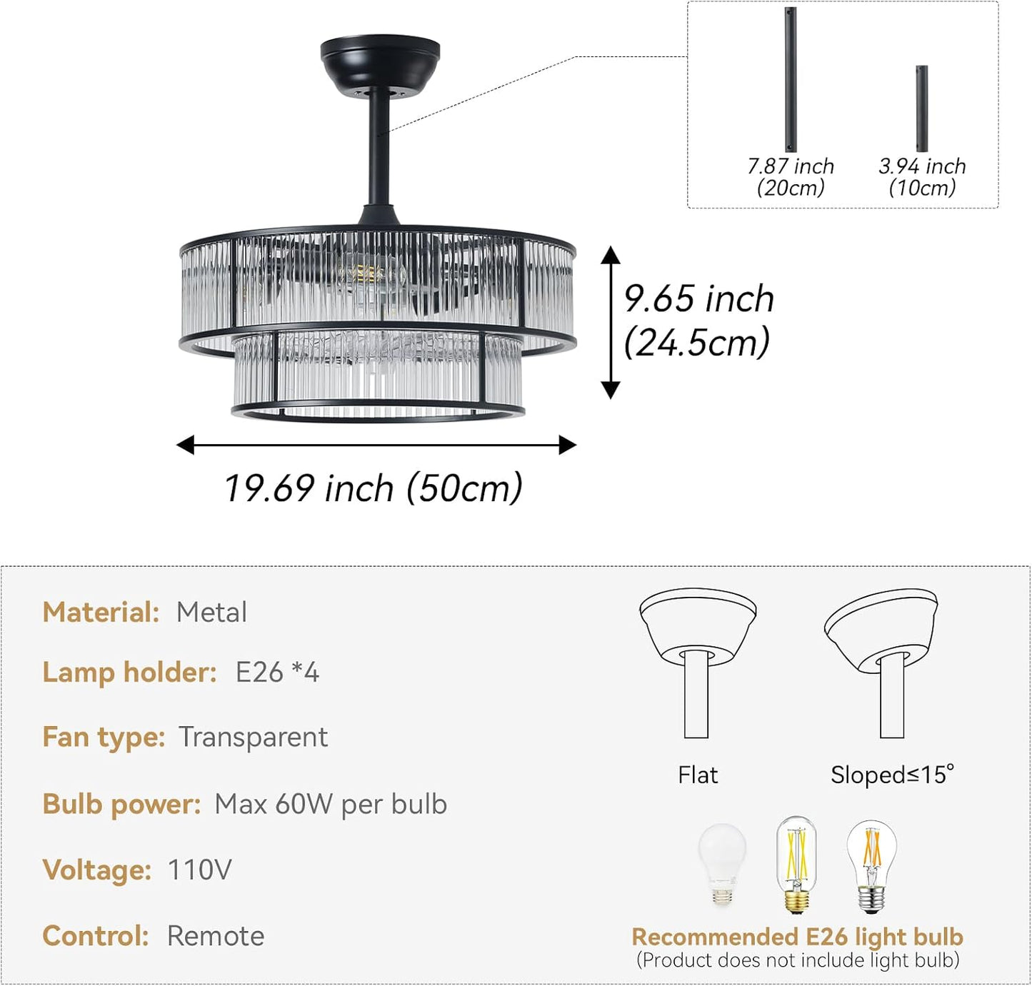 Ventilador techo araña cristal negro 20pulg 6 velocidades