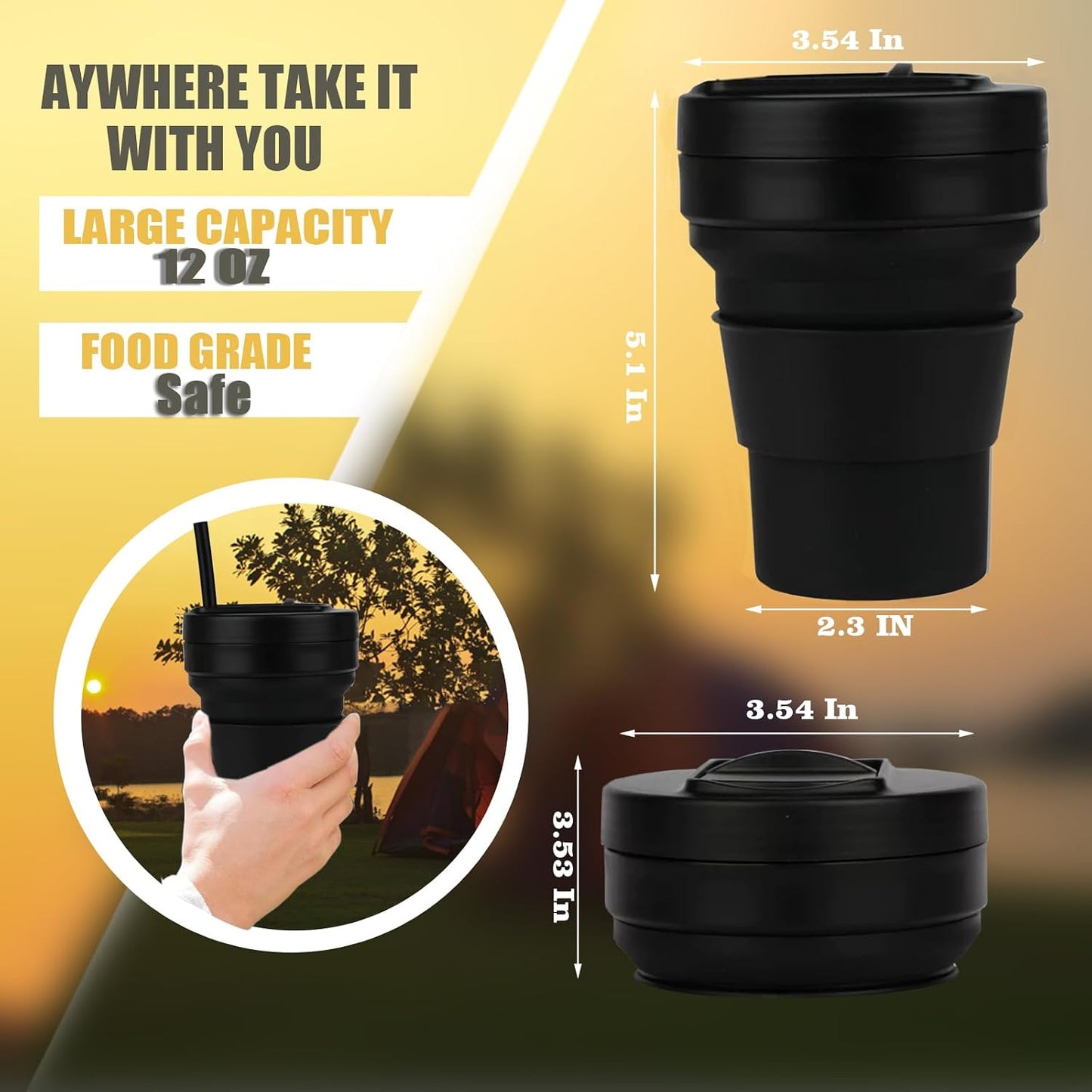 Vaso plegable silicona 15oz con pajilla y tapa color negro