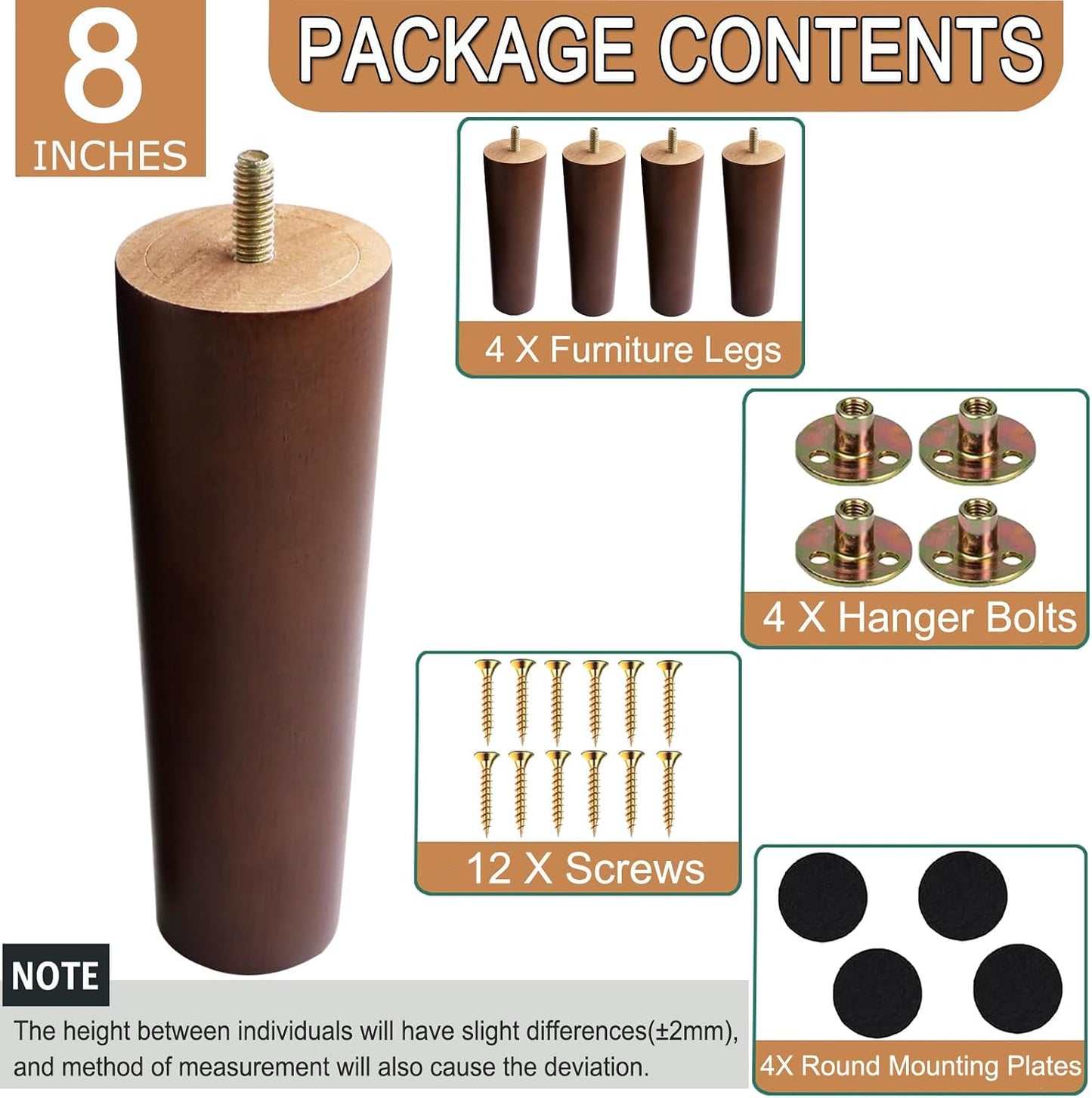 Patas redondas madera maciza marrón 8pulg set 4