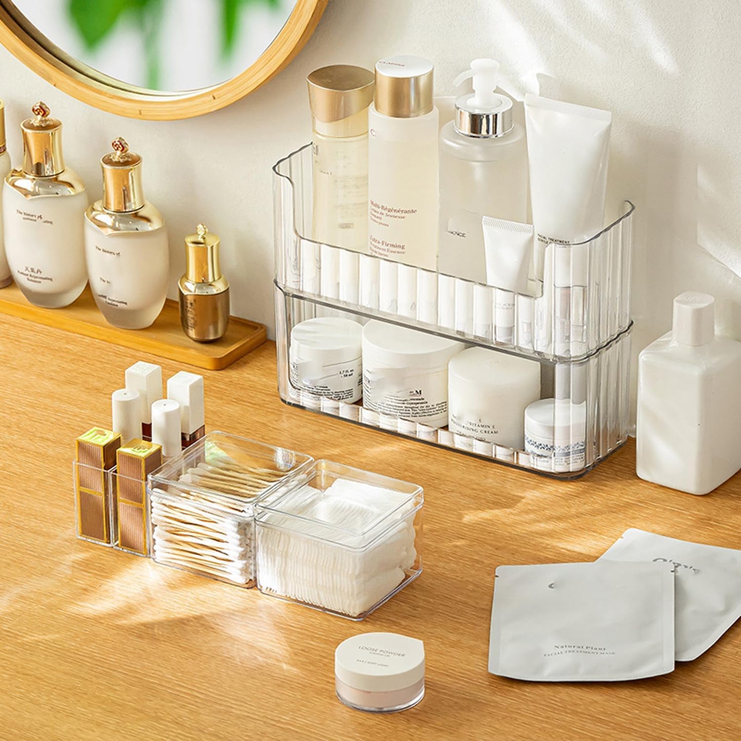Organiz. 2 niveles para botiquín maquillaje transparente