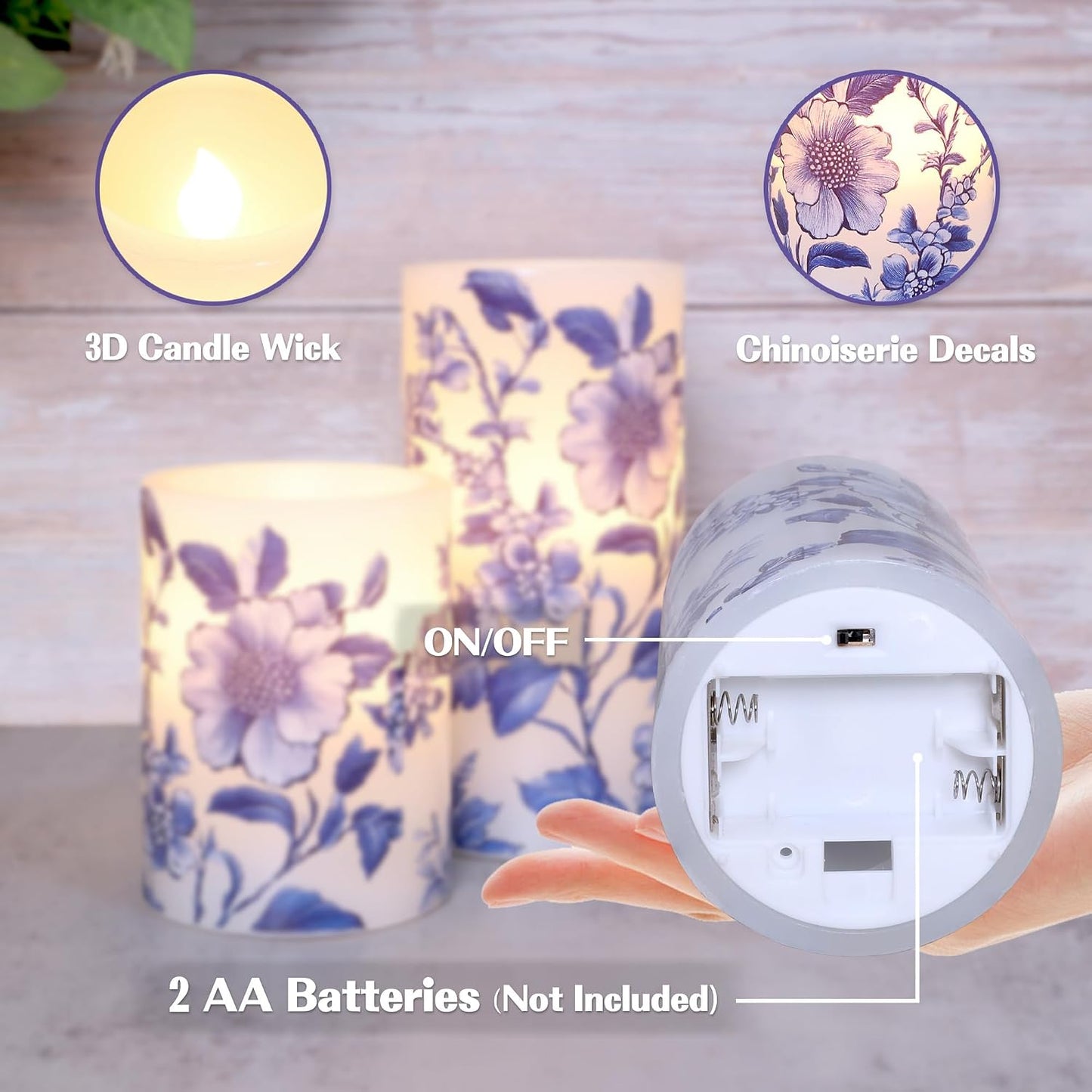 Velas LED sin llama porcelana azul y blanca con control