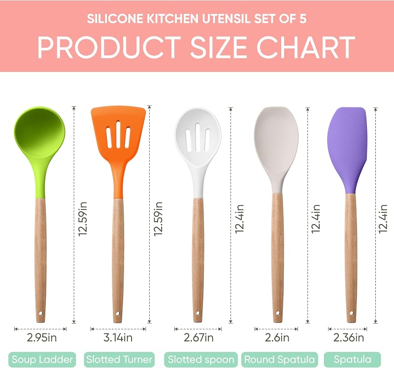 Set 5 Pzas Utensilios Silicona Mango Madera Antiadherente Colorido