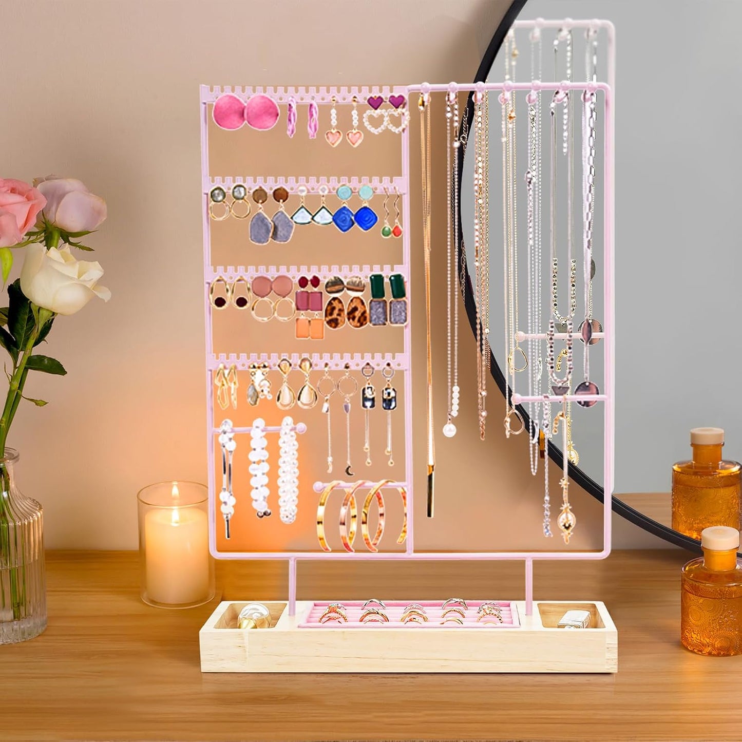 Organiz. joyas 6 niveles soporte collares pulseras anillos madera rosa