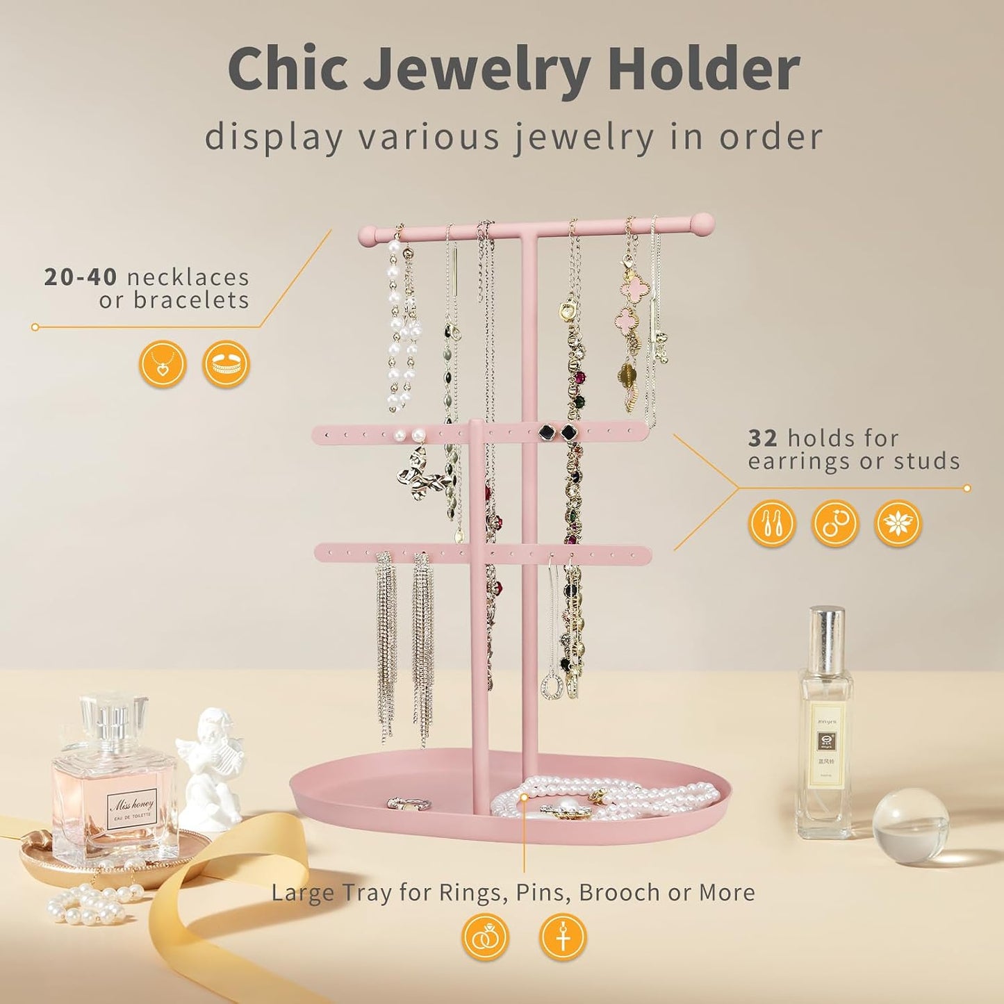 Organiz. joyas 2 niveles soporte aretes collares anillos