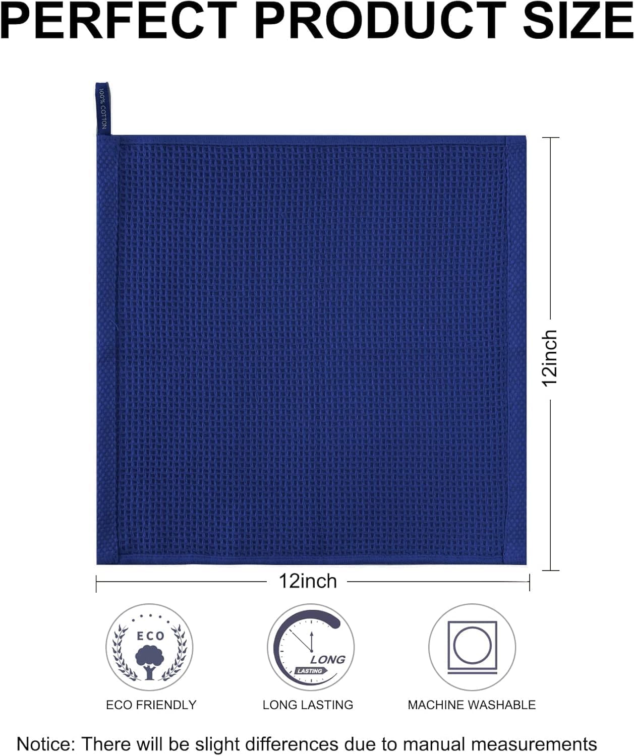 8 Pzas Paños cocina algodón tejido gofre 12x12pulg azul marino