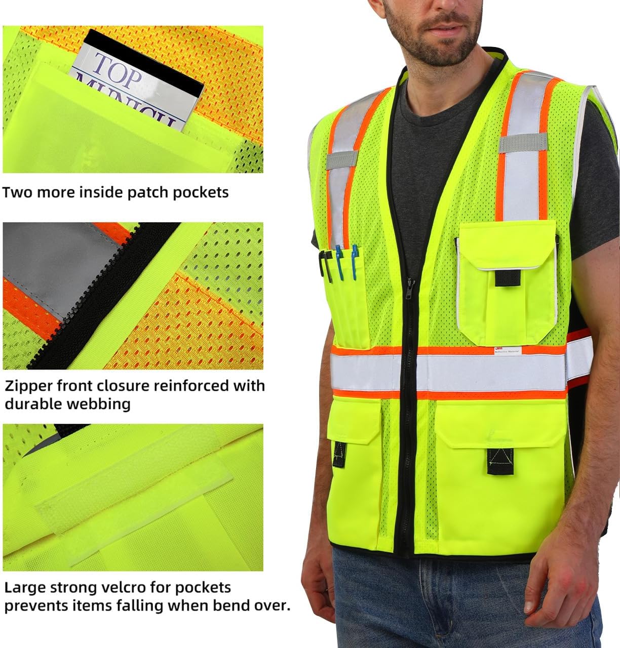 Chaleco reflectante amarillo ANSI clase 2 con bolsillos