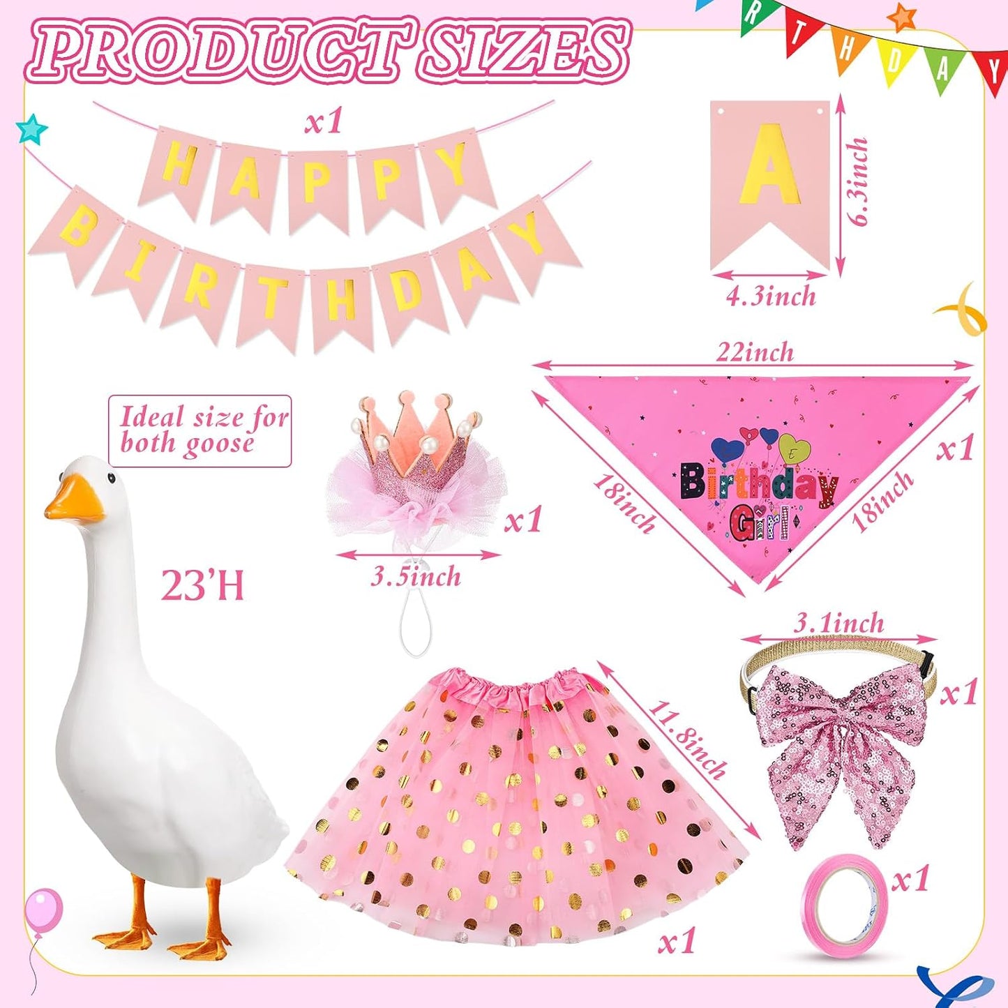 5 Pzas Disfraz Ganso Cumpleaños con Corona Rosa Bandana 23pulg