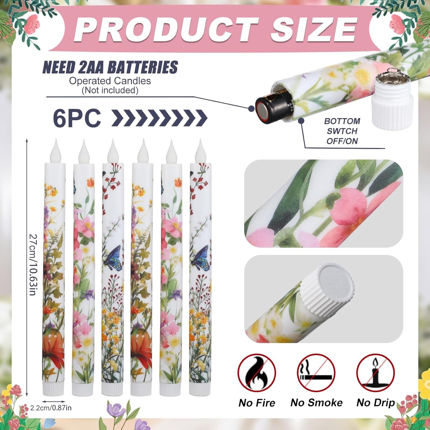 6 Velas Cónicas LED Primavera 10.63pulg Patrón Floral Parpadeante