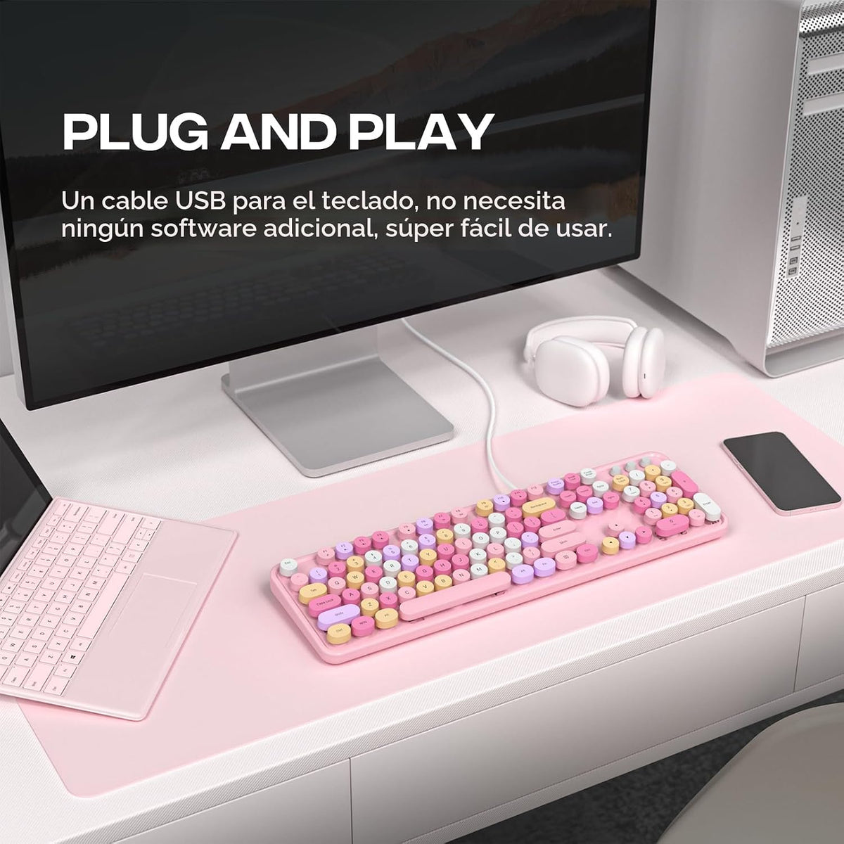 Teclado USB oficina 104 teclas con numérico soporte plegable rosa