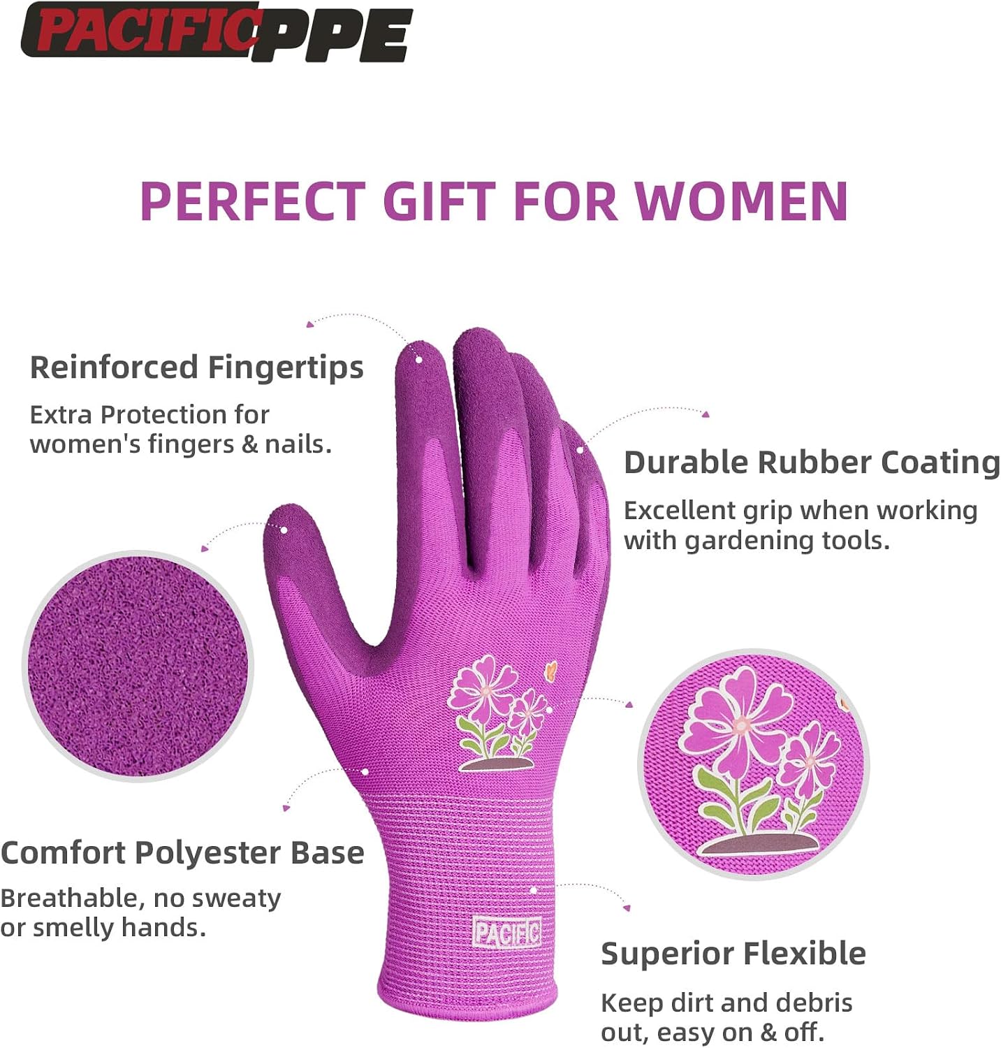 2 Pzas Guantes Jardinería Mujer Látex Transpirables Mediano Morado