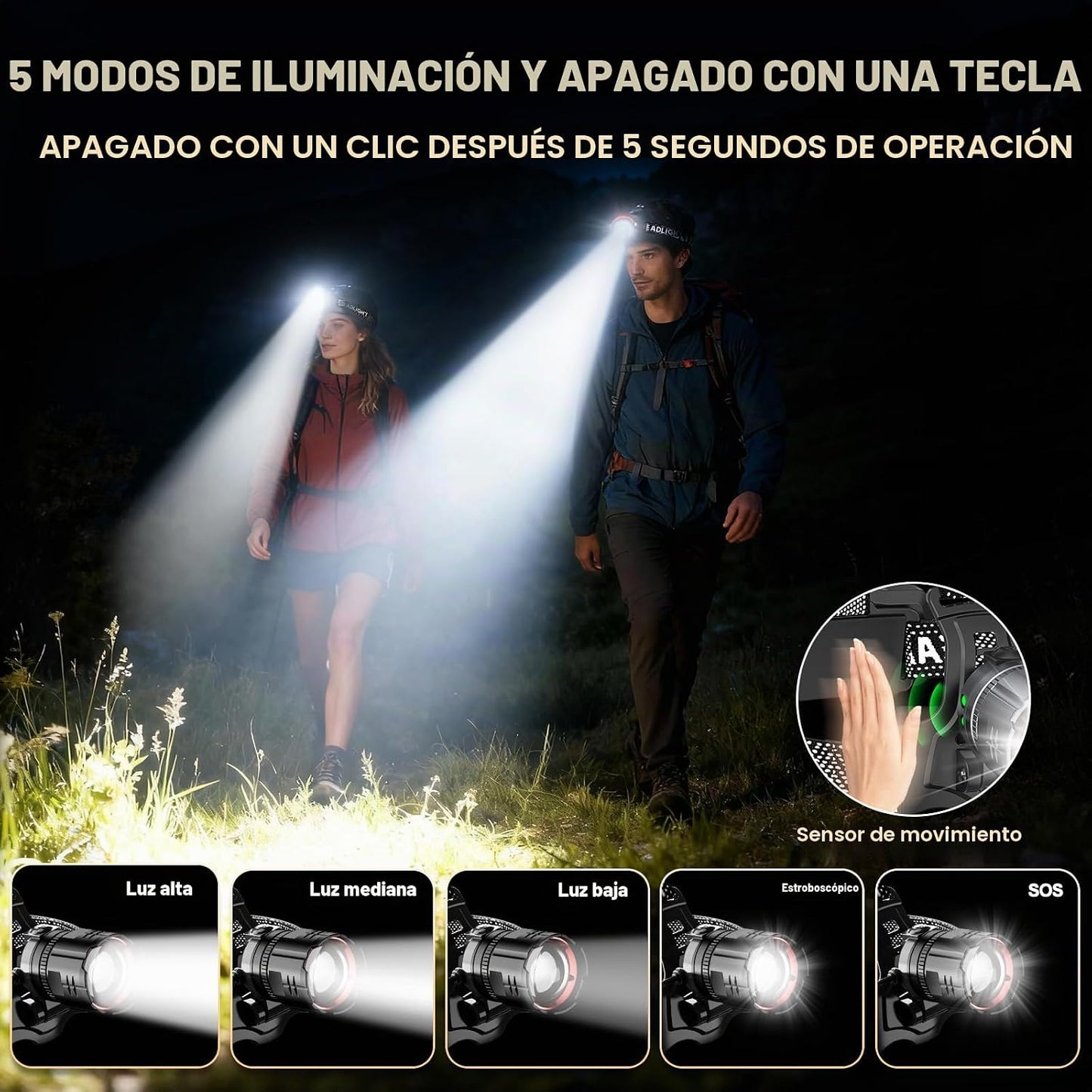 Linterna frontal LED recargable 2 pzas sensor movimiento