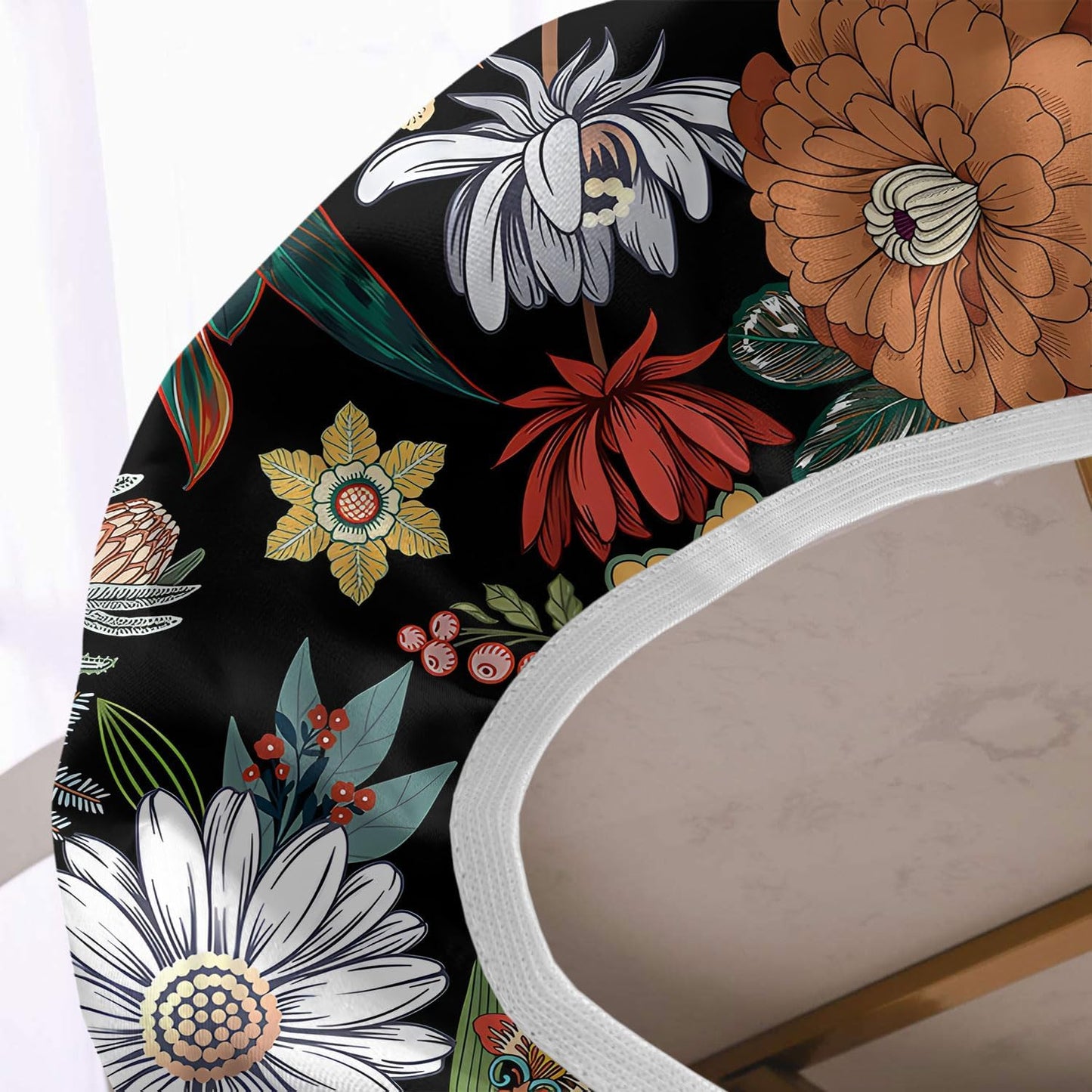 Mantel ovalado boho floral negro elástico para mesa comedor