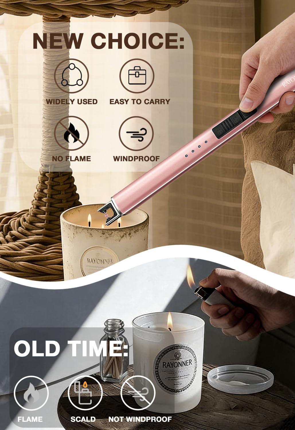Encendedor eléctrico recargable USB para velas campamento oro rosa