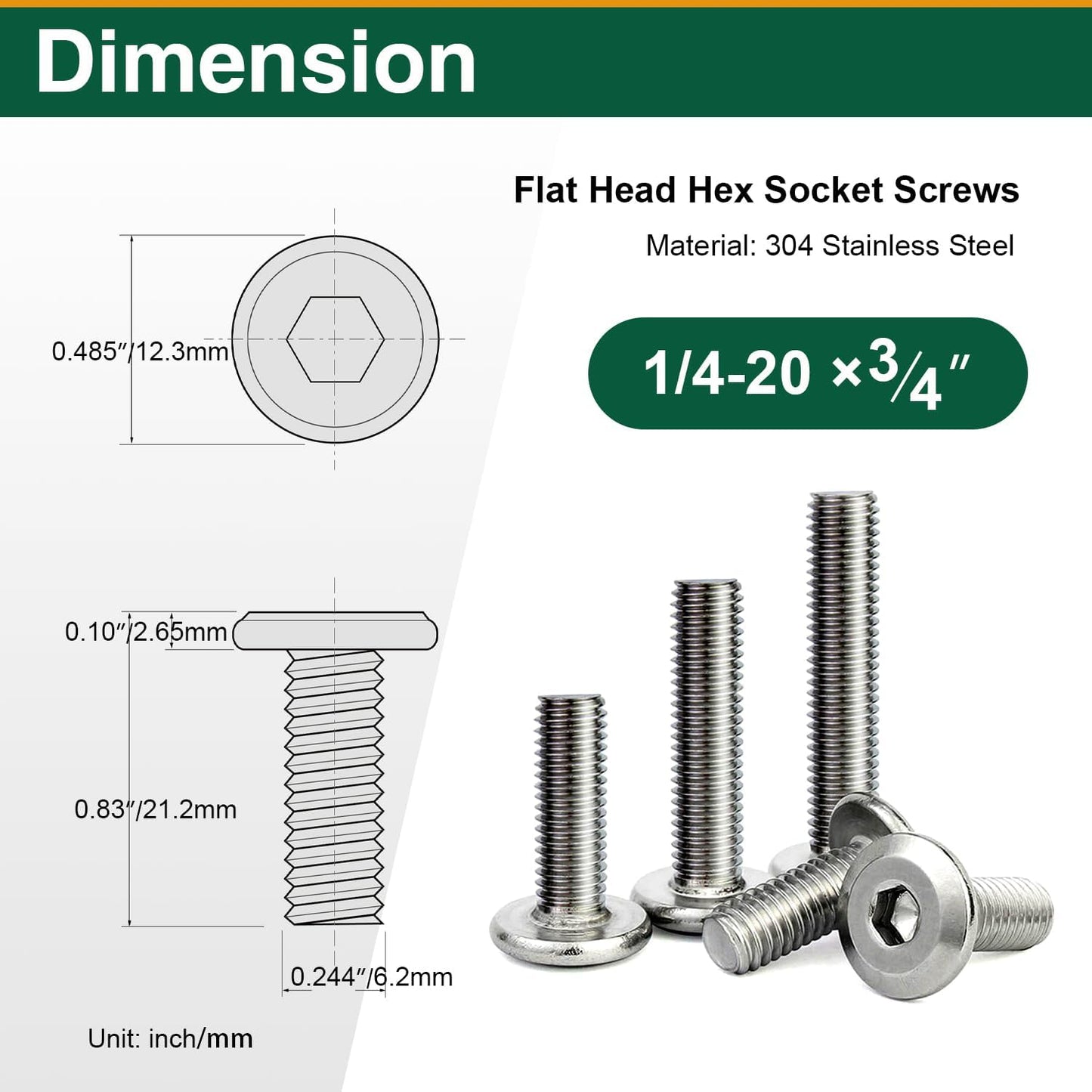 30 Pzas pernos cabeza cilíndrica 1/4-20 x 3/4 acero inox 304
