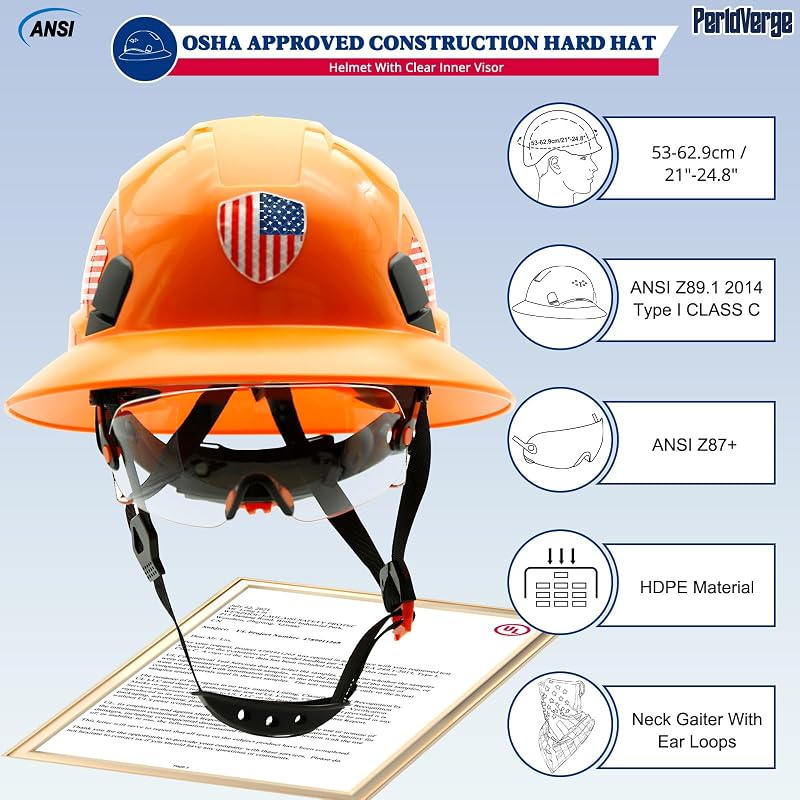 Casco construcción OSHA con visor y cinta para cuello