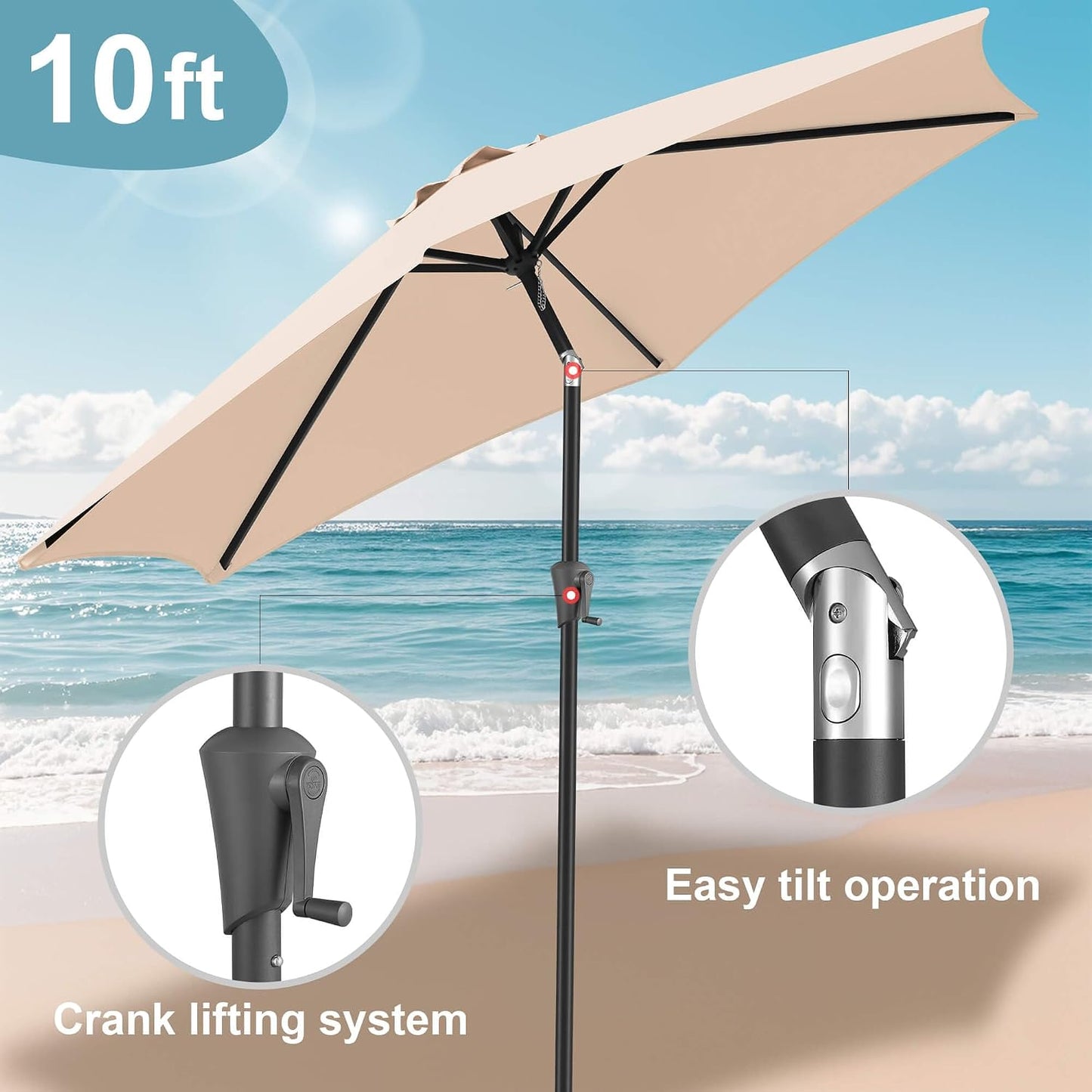 Sombrilla patio 10ft 6 varillas resistentes UV beige