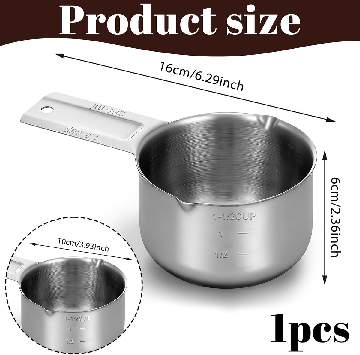 Taza medidora acero inox 1.5 tazas 12oz para cocinar y café