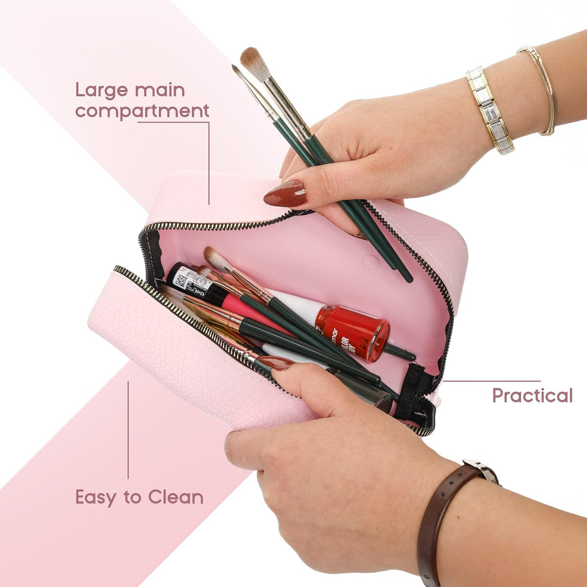 Bolsa maquillaje silicona impermeable textura cuero aroma rosa