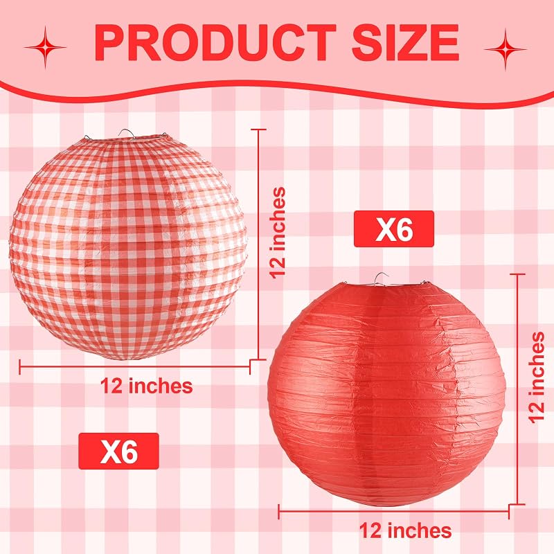 12 Pzas Decoración Picnic 6 Linternas Papel Rojo Chino 6 Cuadros Gancho