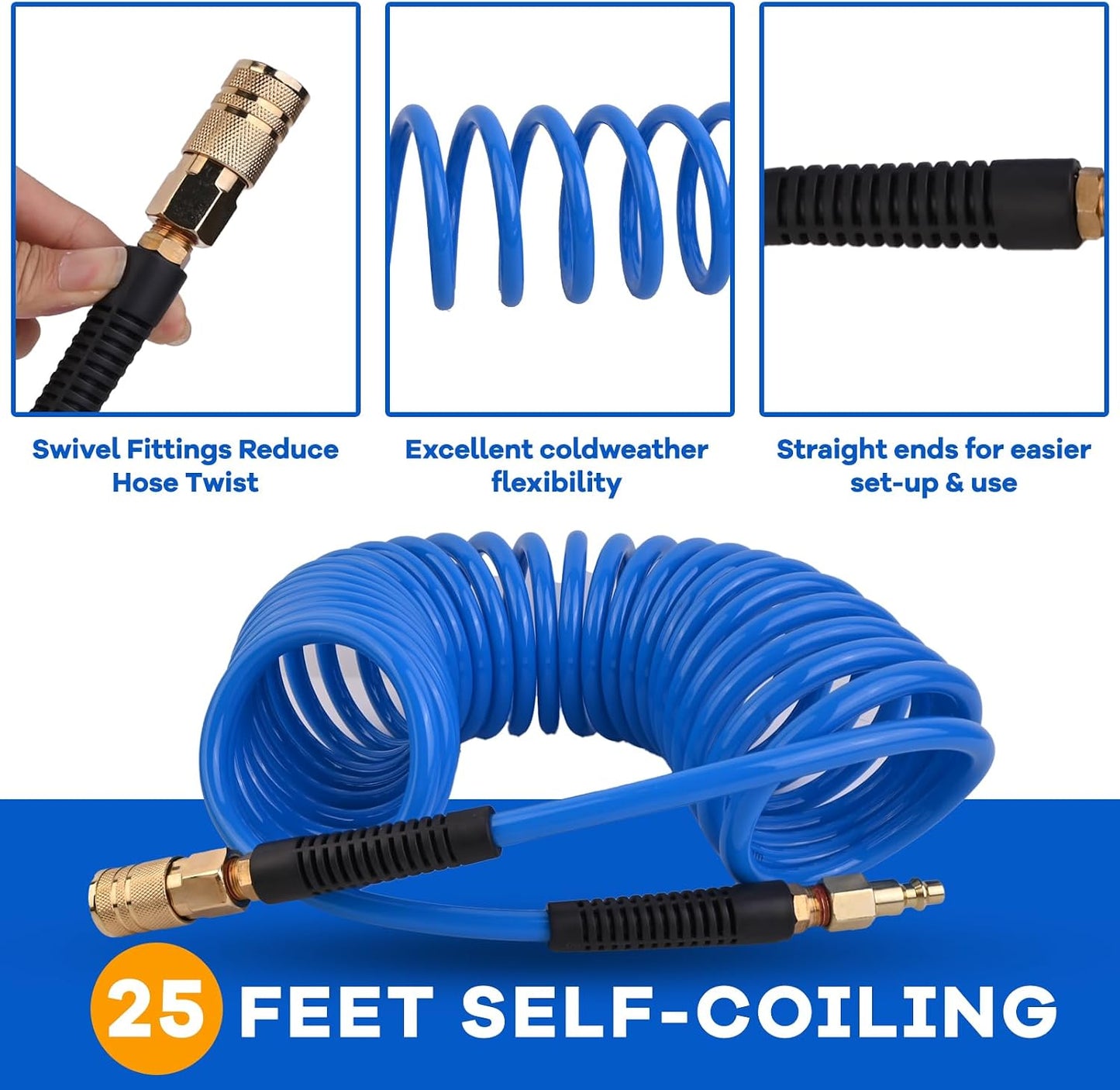 Manguera aire 1/4pulg x25ft poliuretano con accesorios 300PSI azul