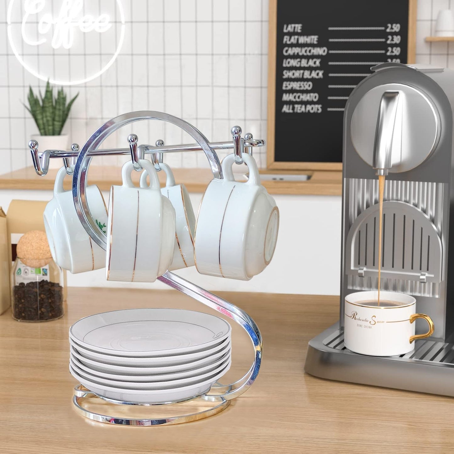 Soporte tazas café té 6 ganchos plateado
