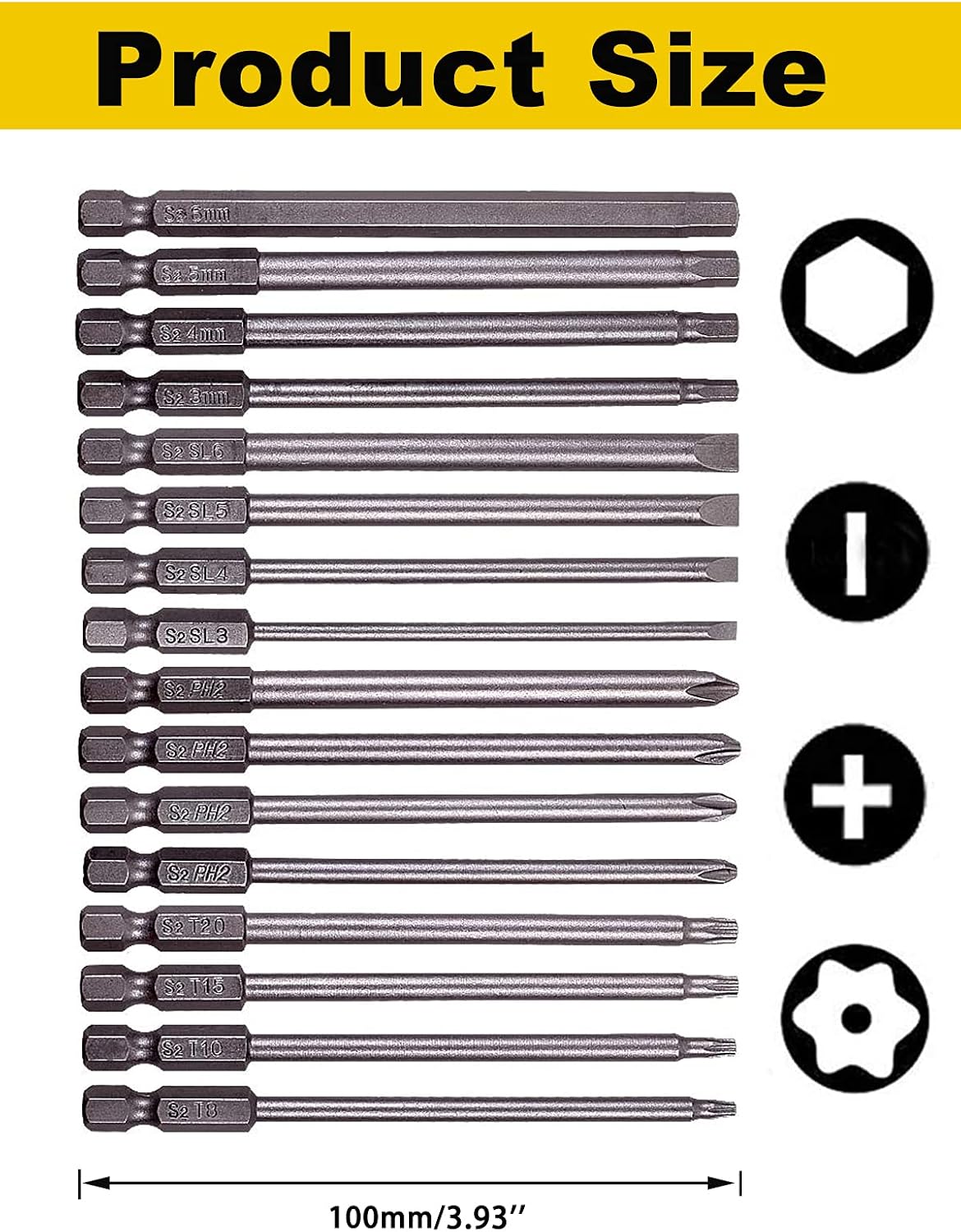 Set 16 puntas destornillador magnéticas 1/4 pulg vástago hex 4 pulg