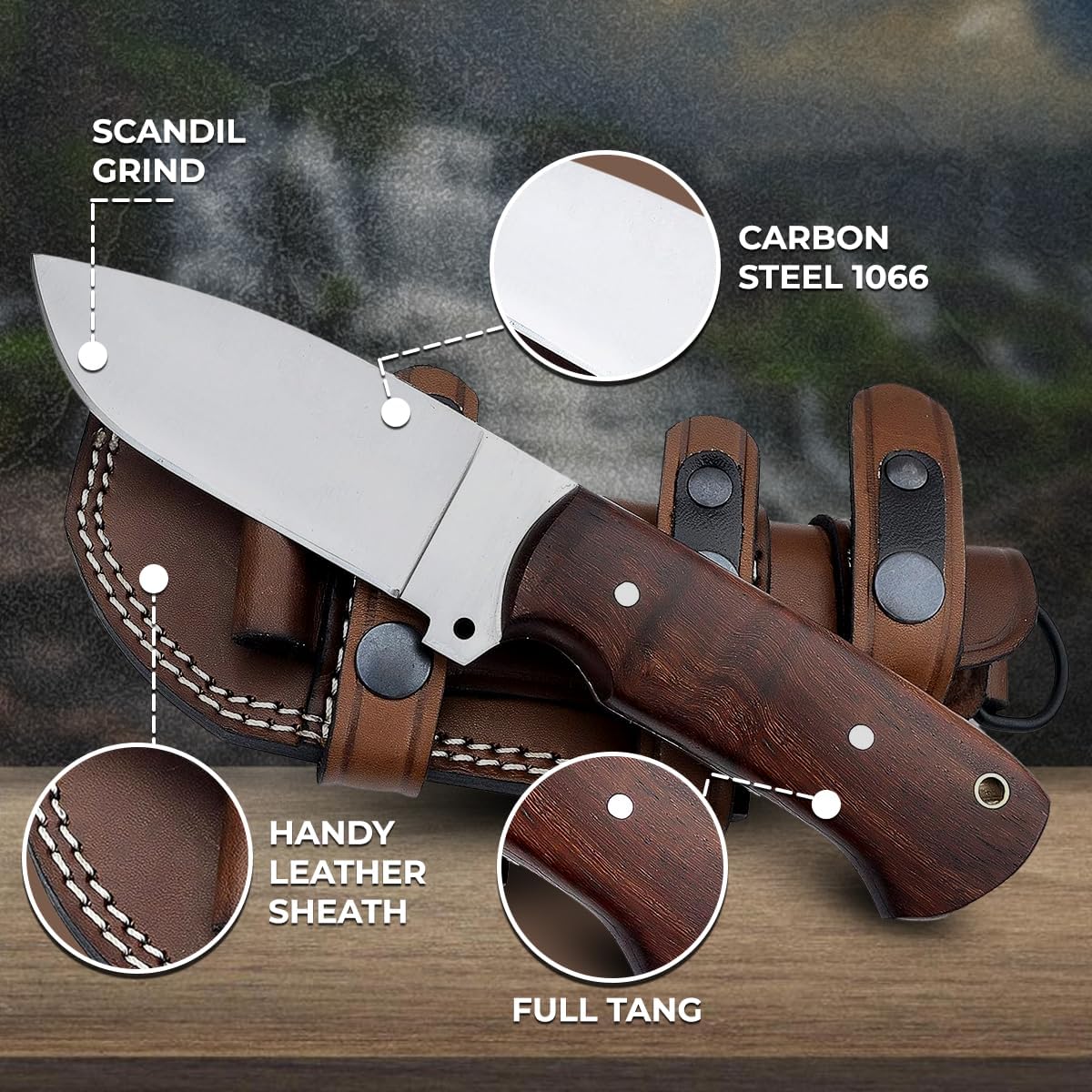 Cuchillo fijo acero alto carbono mango palo rosa compacto