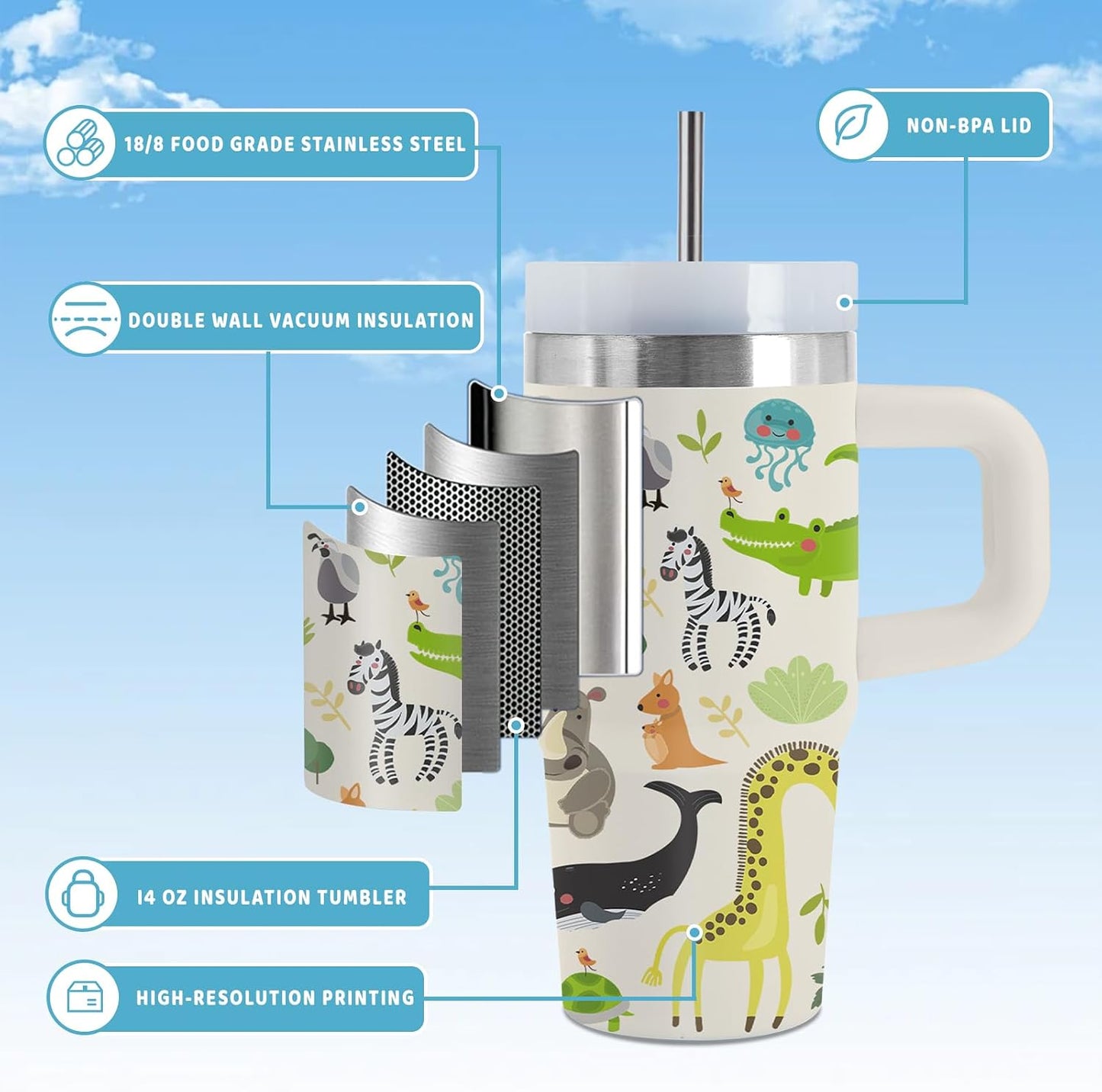 Vaso animales 14oz con asa pajilla regalo navidad cumpleaños
