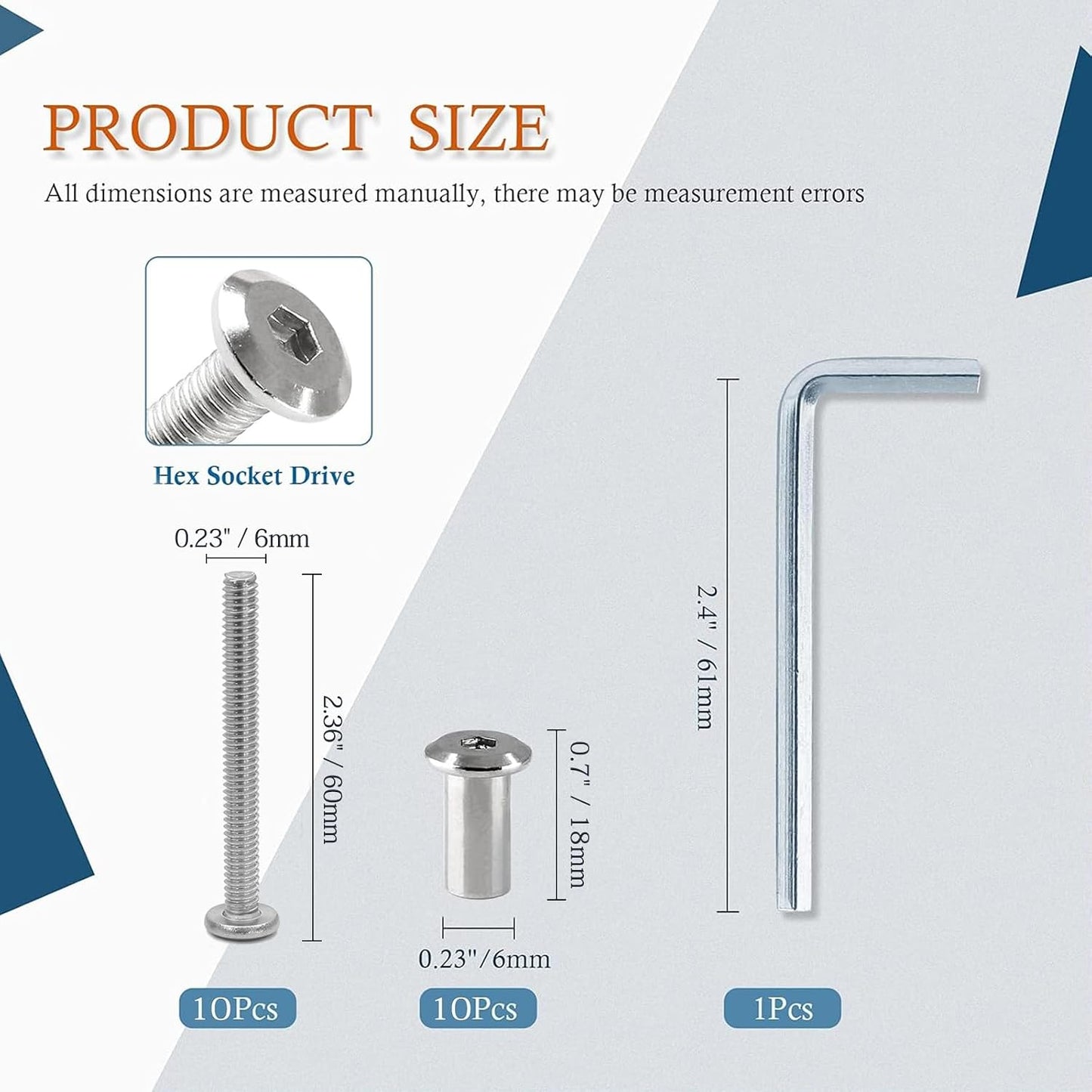 10 Pzas Tornillo M6 x 2.36pulg Hex con Llave Allen para Muebles