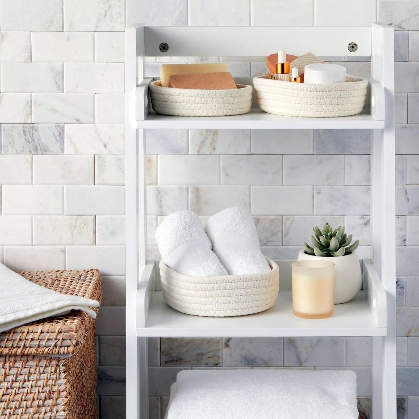 3 Pzas Cestas Algodón Redondas Anidables 6.5x2.9pulg Blanco