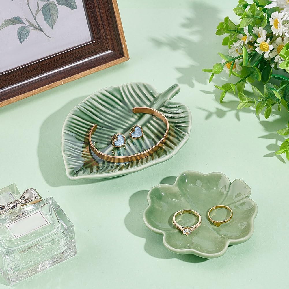 Bandeja joyería soporte anillos cerámica hoja verde