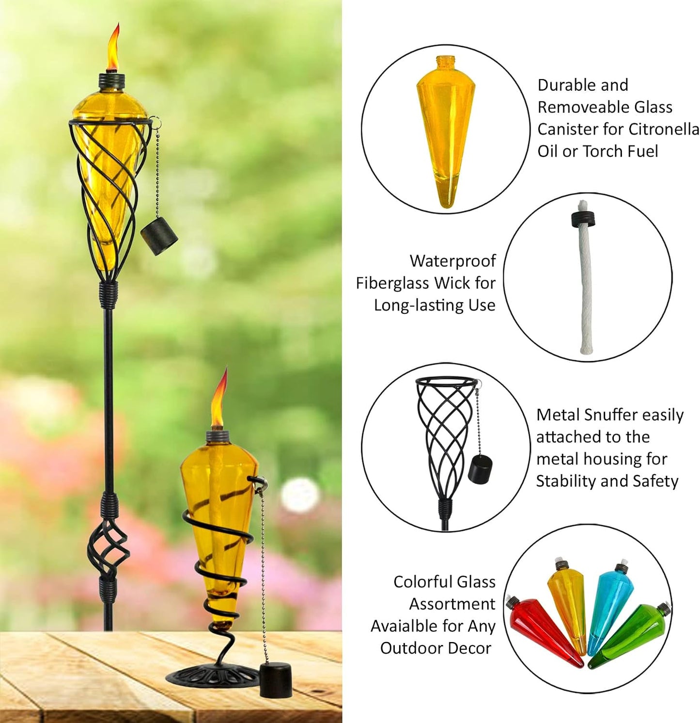 Recipiente vidrio antorcha jardín 8" mecha fibra snuffer
