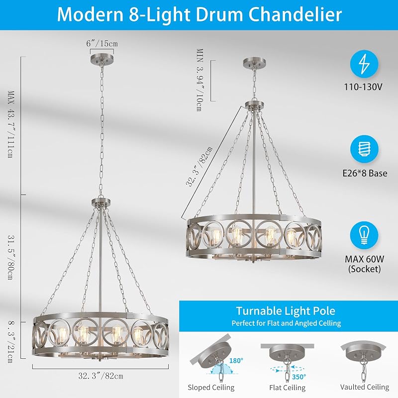 Lámpara tambor níquel cepillado 8 luces estilo rústico