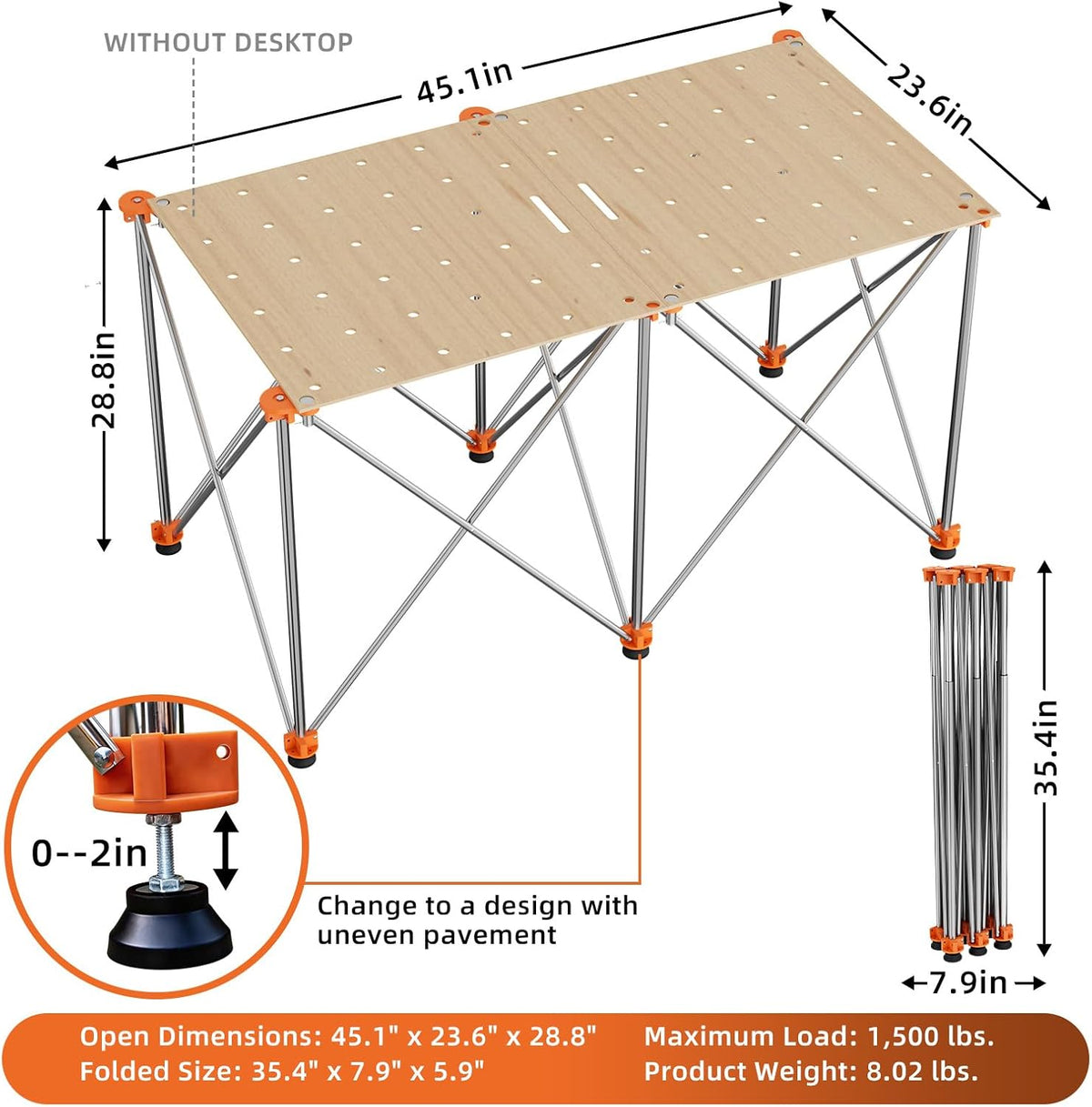 Soporte trabajo plegable 2x4ft 2500lb patas gruesas acero