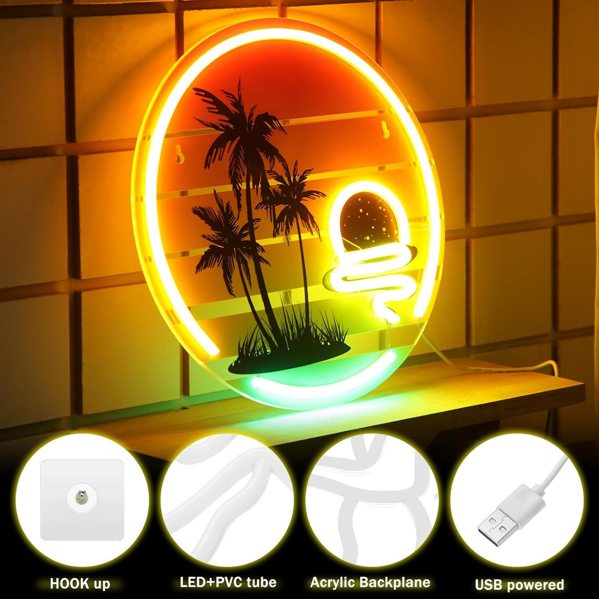 Letrero neón palmera puesta de sol LED dormitorio