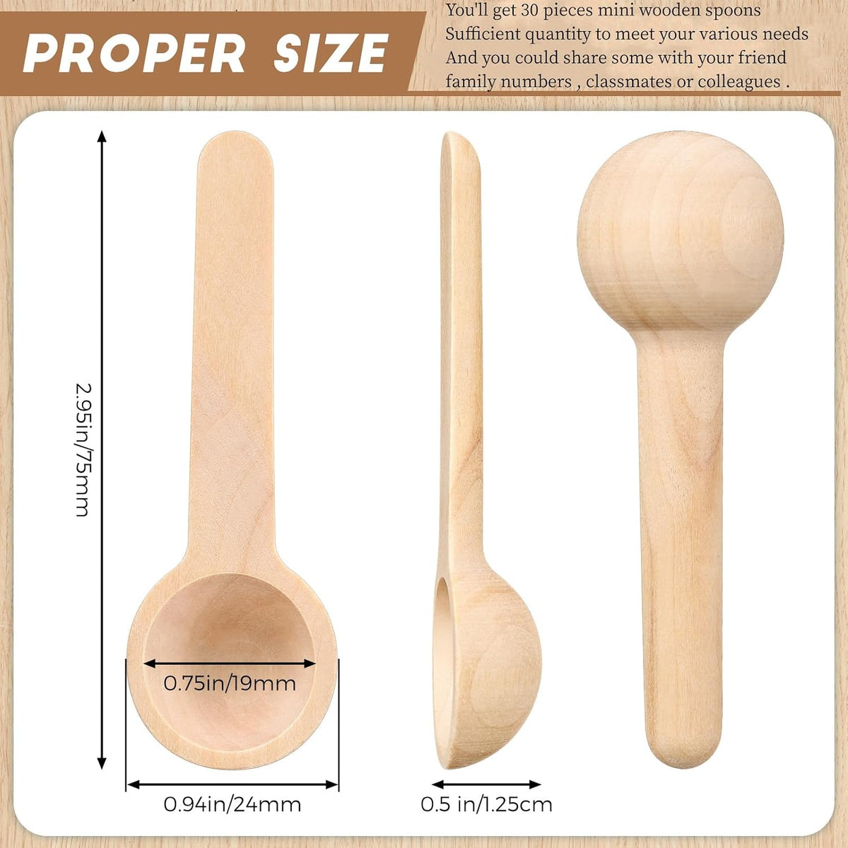 30 Cucharas Madera 3pulg para Café Condimentos Sal Azúcar