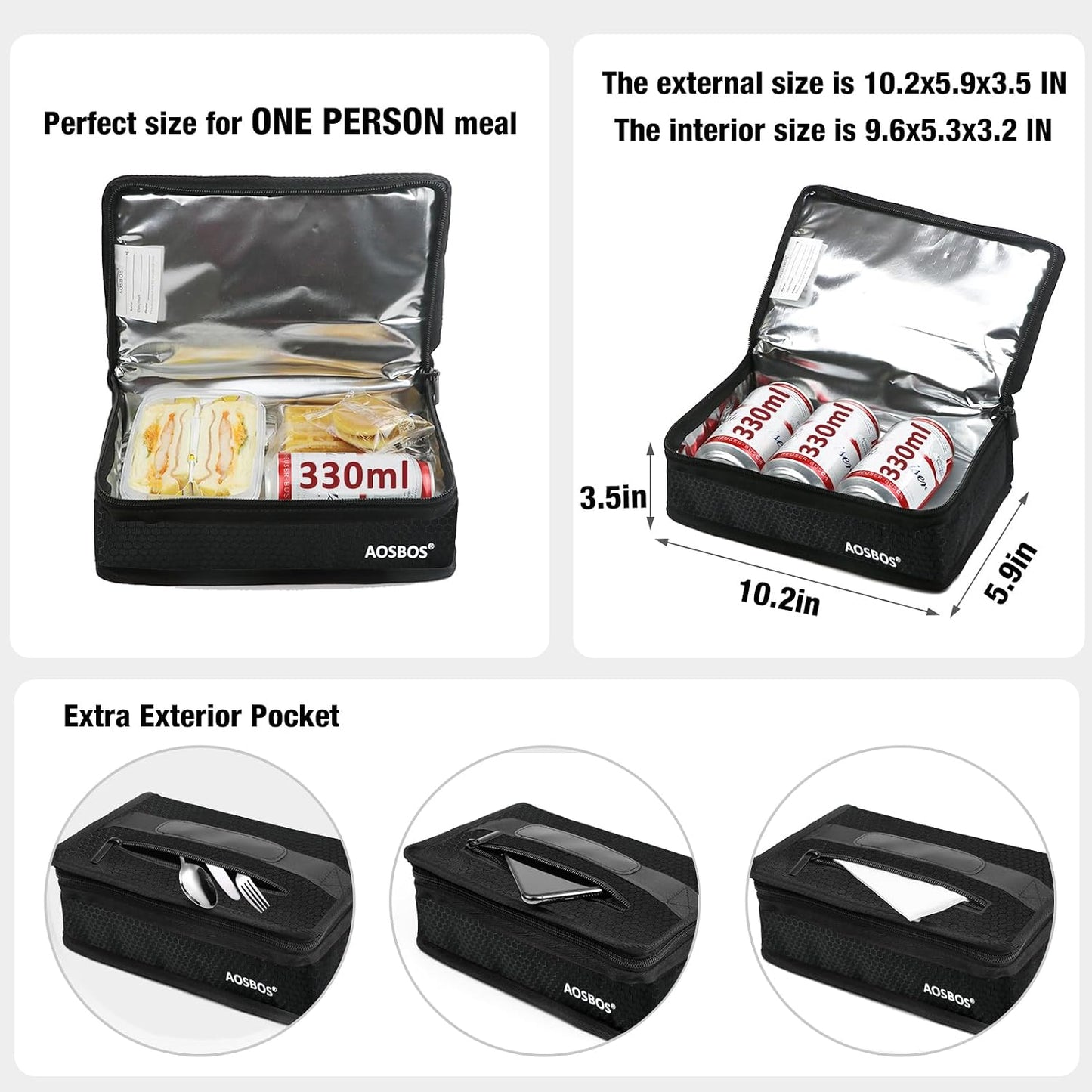 Bolsa almuerzo aislada compacta color negro nido abeja