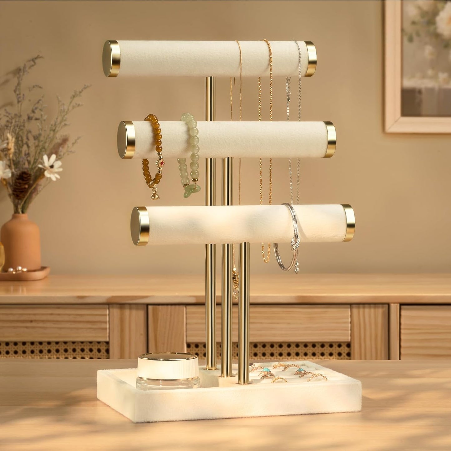 Soporte pulseras 3 niveles terciopelo beige con barra T