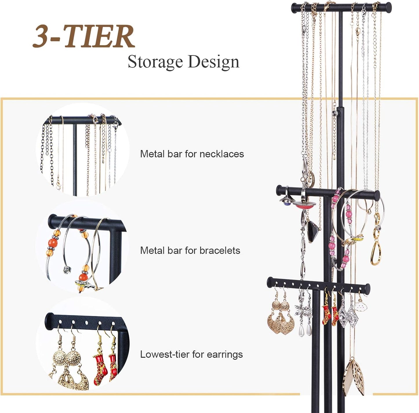 Organiz. joyas soporte metal base madera grande negro gris