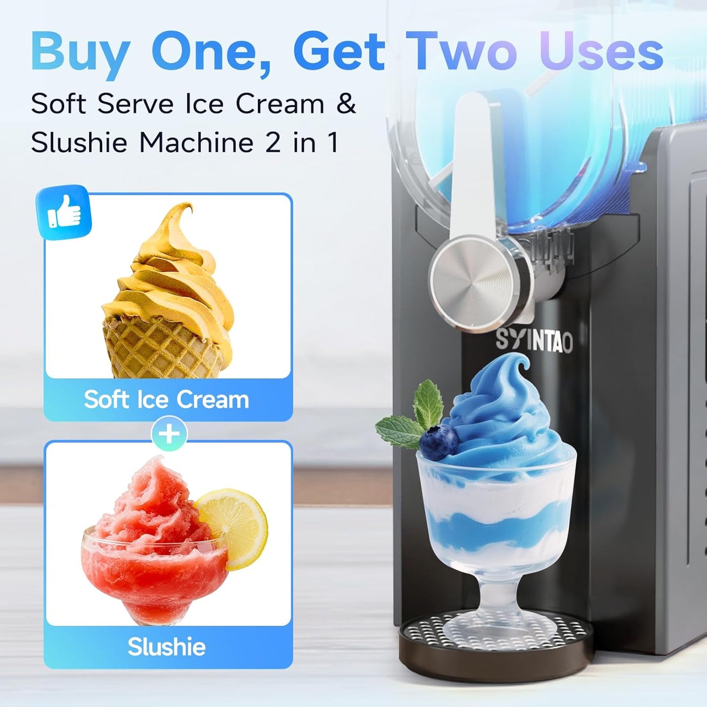 Máquina helados 2en1 Slushie Soft Serve 96oz sin hielo LED 6 modos