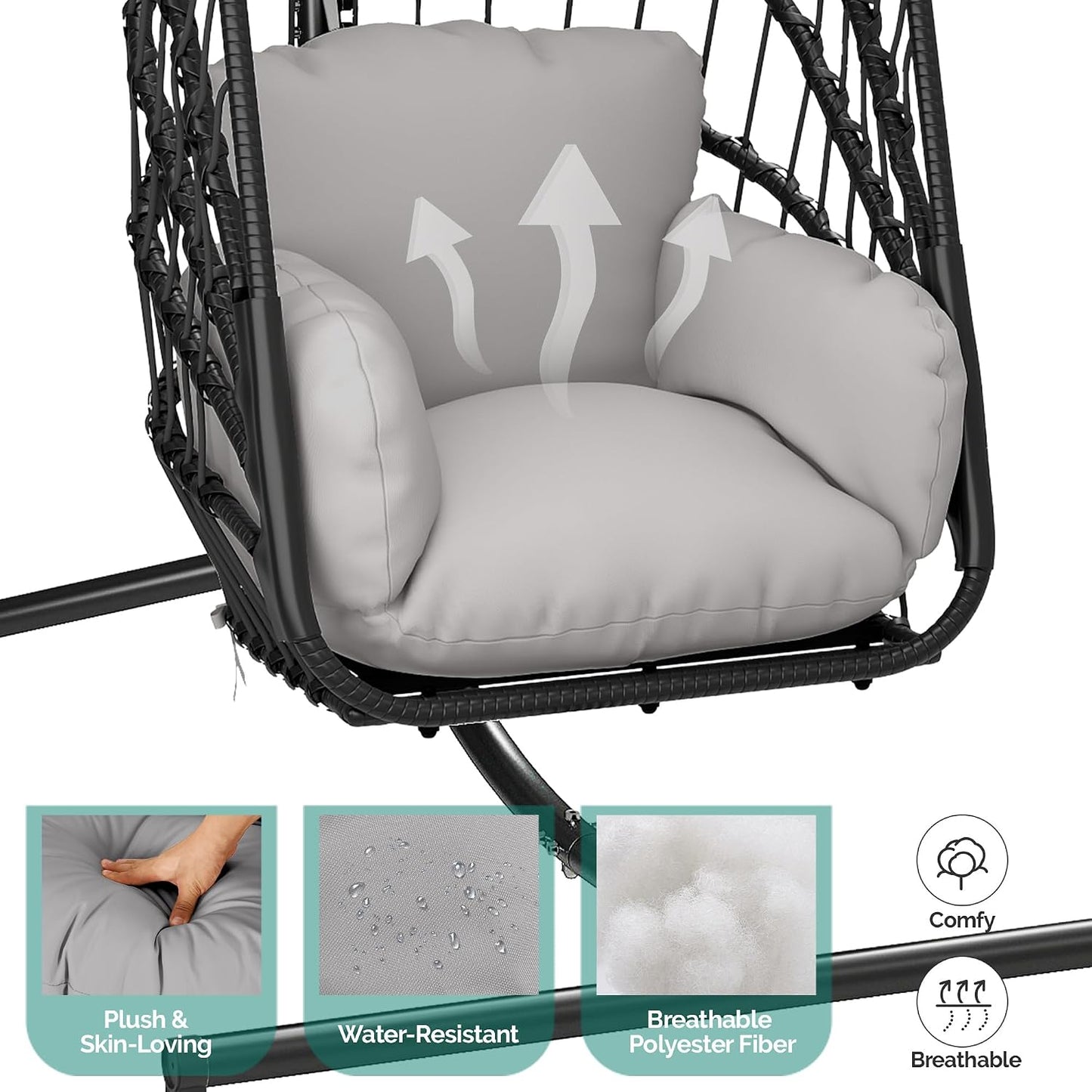 Silla colgante de huevo mimbre con cojín plegable para