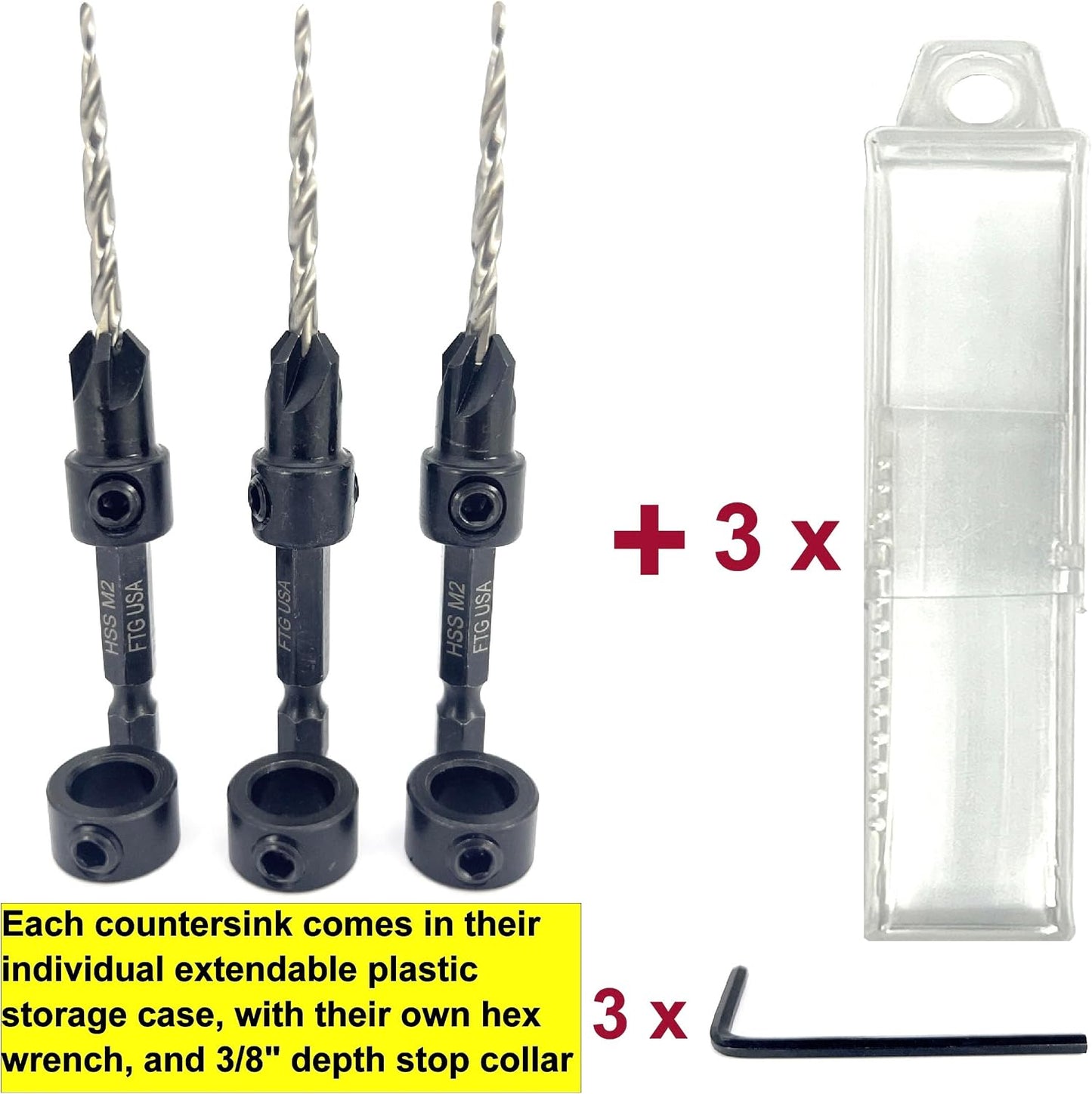 Set 3 brocas avellanadoras #6 9/64 pulg con llave y contenedor